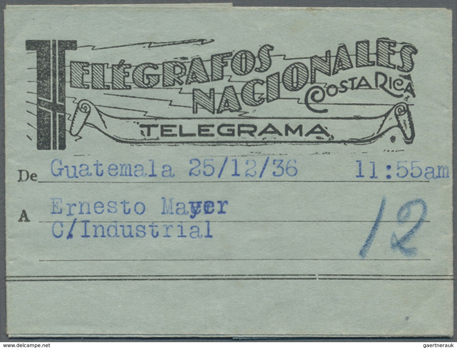 Br Costa Rica: 1936 (25.12.), Telegram Form 'TELEGRAFOS NACIONALES TELEGRAMA COSTA RICA' Used For Incom - Costa Rica