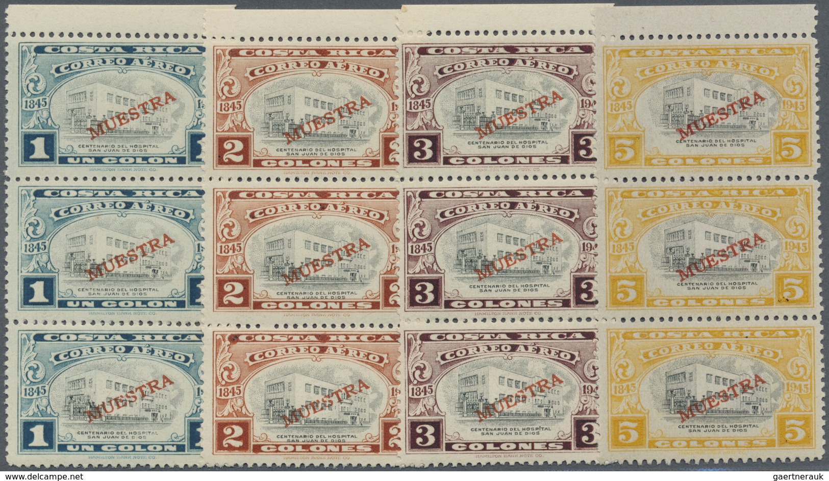 ** Costa Rica: 1946, Hospital San Juan De Dios With Red Opt. MUESTRA Complete Set Of 13 In Vertical Str - Costa Rica