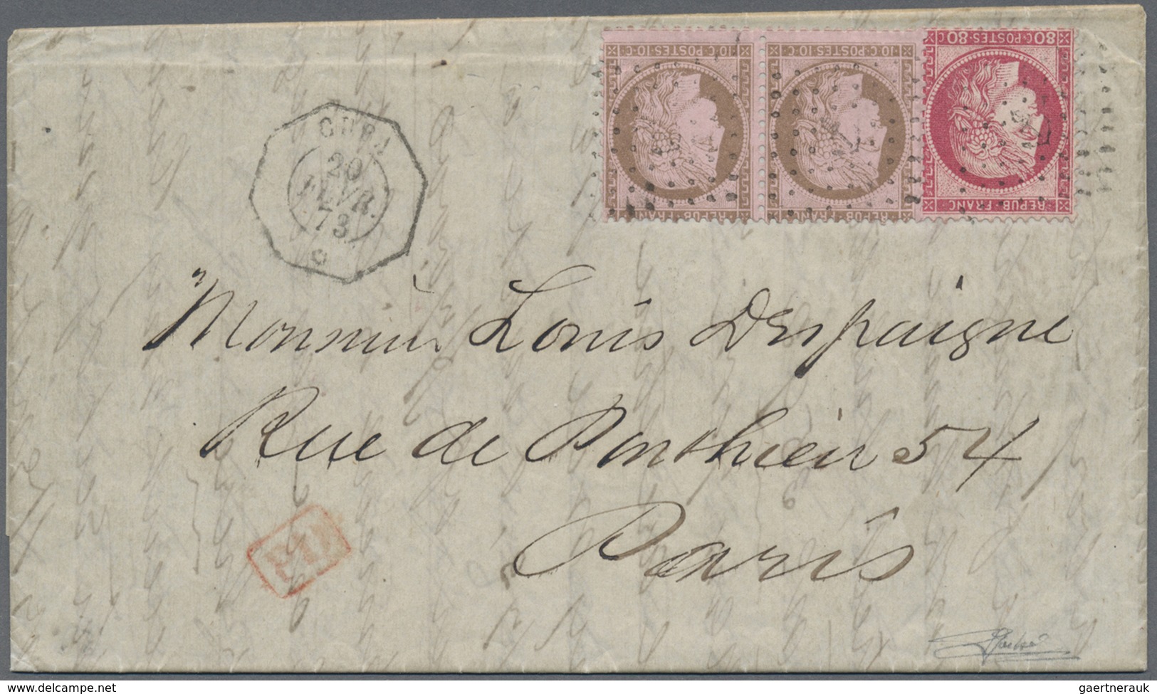 Br Cuba: 1874, FRENCH P.O., 10c. Brown On Rose Horiz. Pair And 80c. Red, 1fr. Rate On Lettersheet With - Altri & Non Classificati