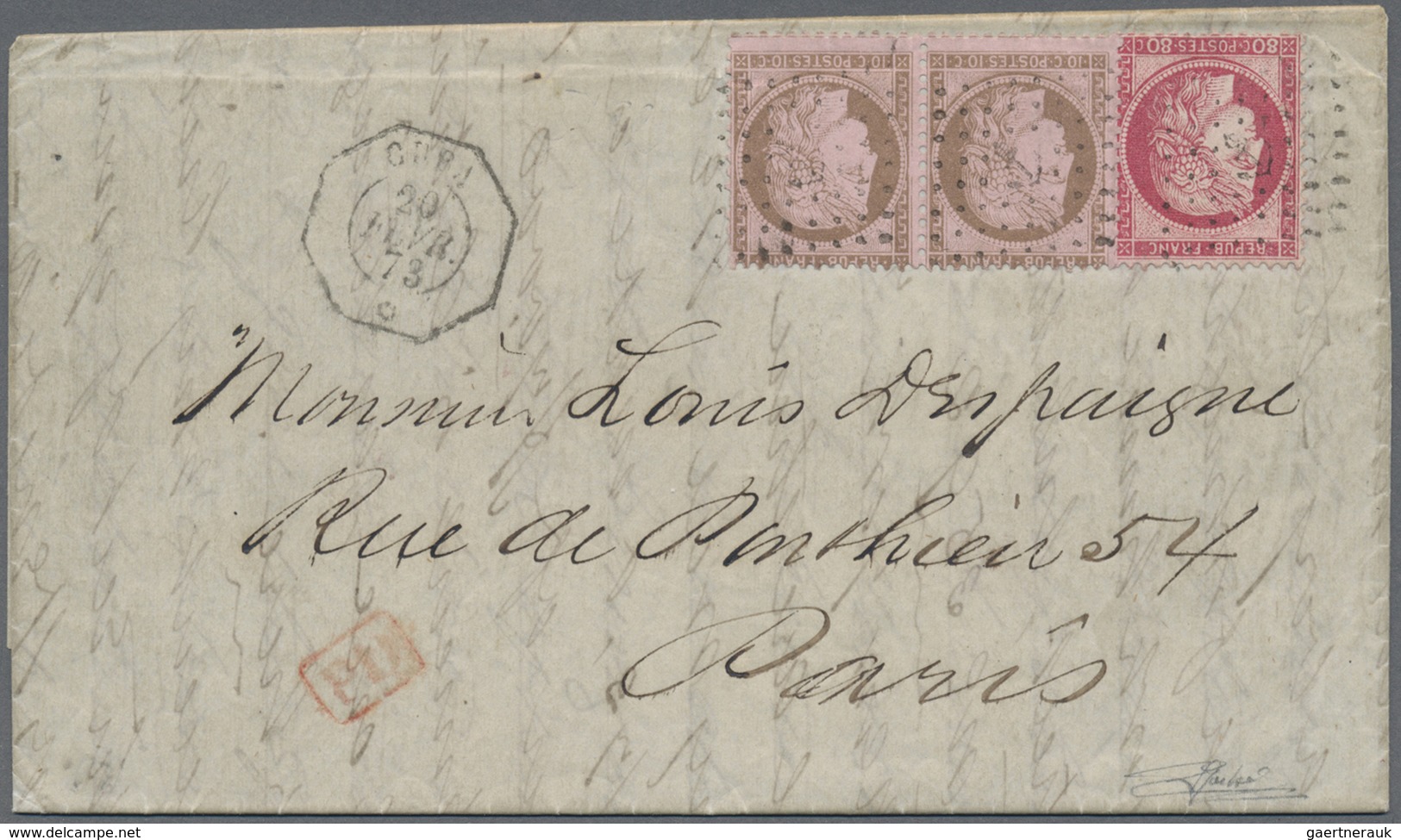 Br Cuba: 1874, FRENCH P.O., 10c. Brown On Rose Horiz. Pair And 80c. Red, 1fr. Rate On Lettersheet With - Andere & Zonder Classificatie