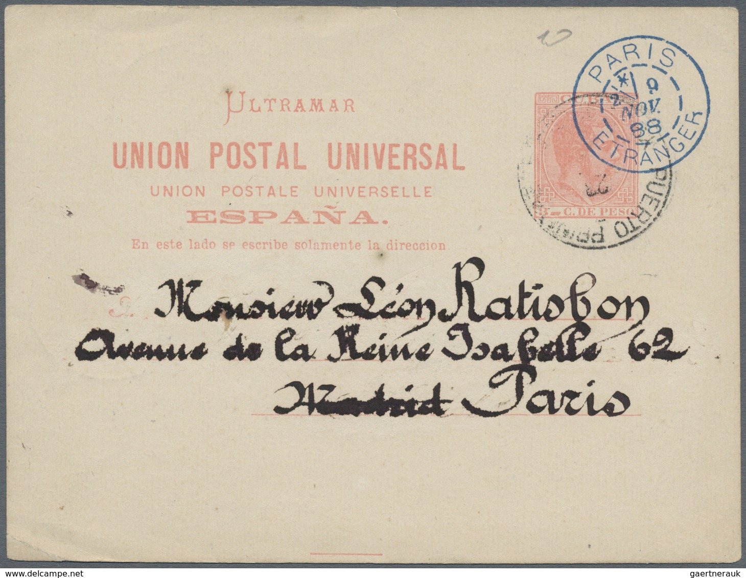 GA Cuba: 1888, 3 C. Rose Postal Stationery Card Tied By "PUERTO PRINCIPE" Cds. And Blue Arrivel Mark Pa - Autres & Non Classés