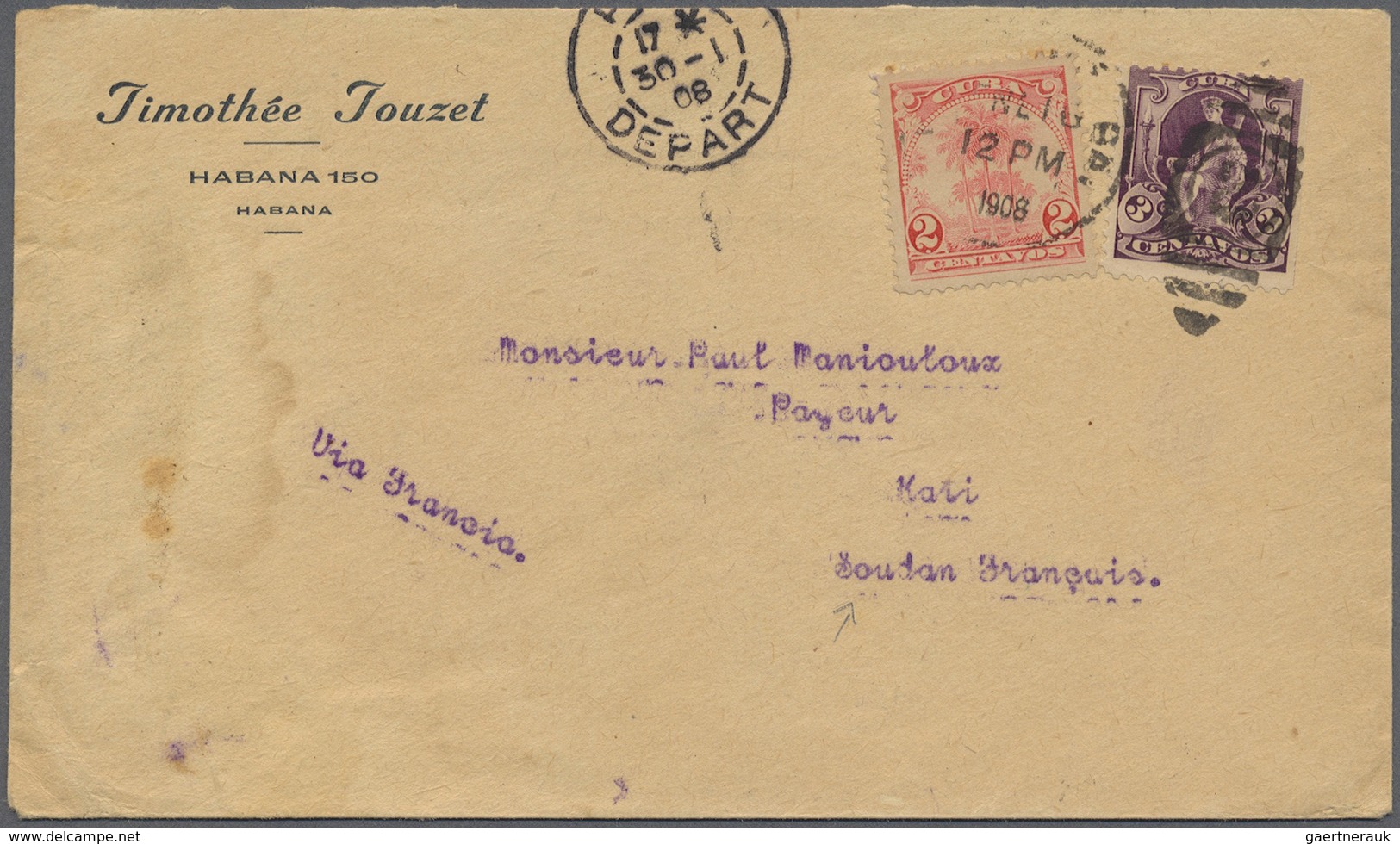Br Cuba: 1908. Envelope (flap Partly Missing, Stains) Addressed To Kati, Soudan Français Bearing United - Autres & Non Classés