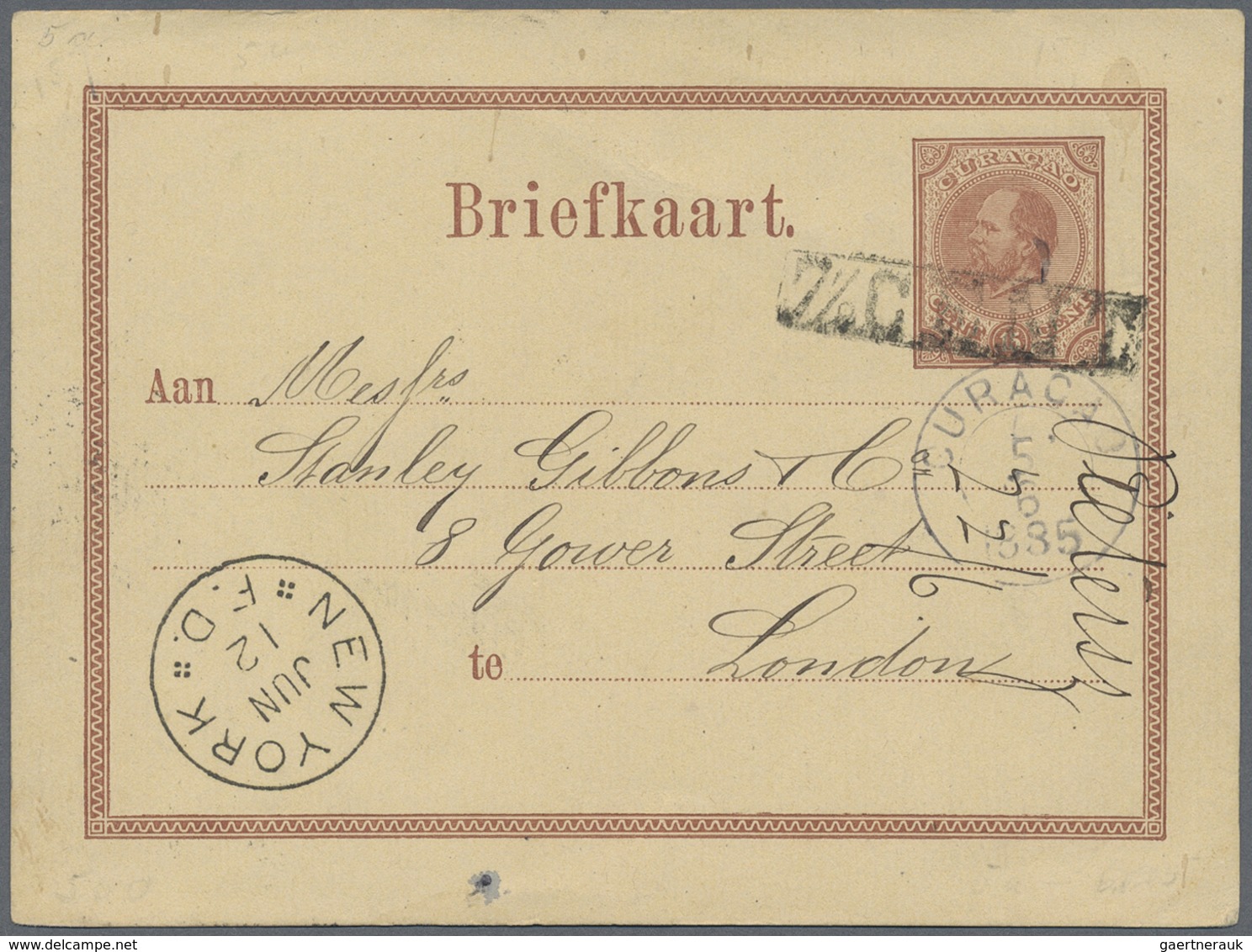 GA Curacao: 1879, Boxed 7 1/2 CENT On 15 C Red-brown Postal Stationery Card, Sent From CURACAO, 5.6.188 - Niederländische Antillen, Curaçao, Aruba