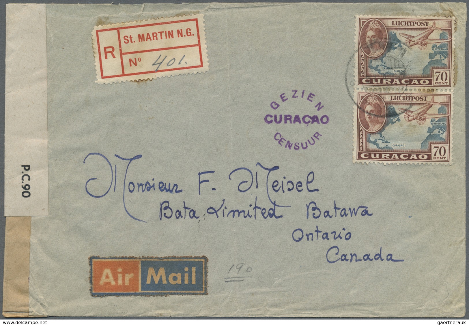 Br Curacao: 1945. Registered Air Mail Envelope (vertical Fold) Written From The French Section Of St Ma - Curaçao, Antilles Neérlandaises, Aruba