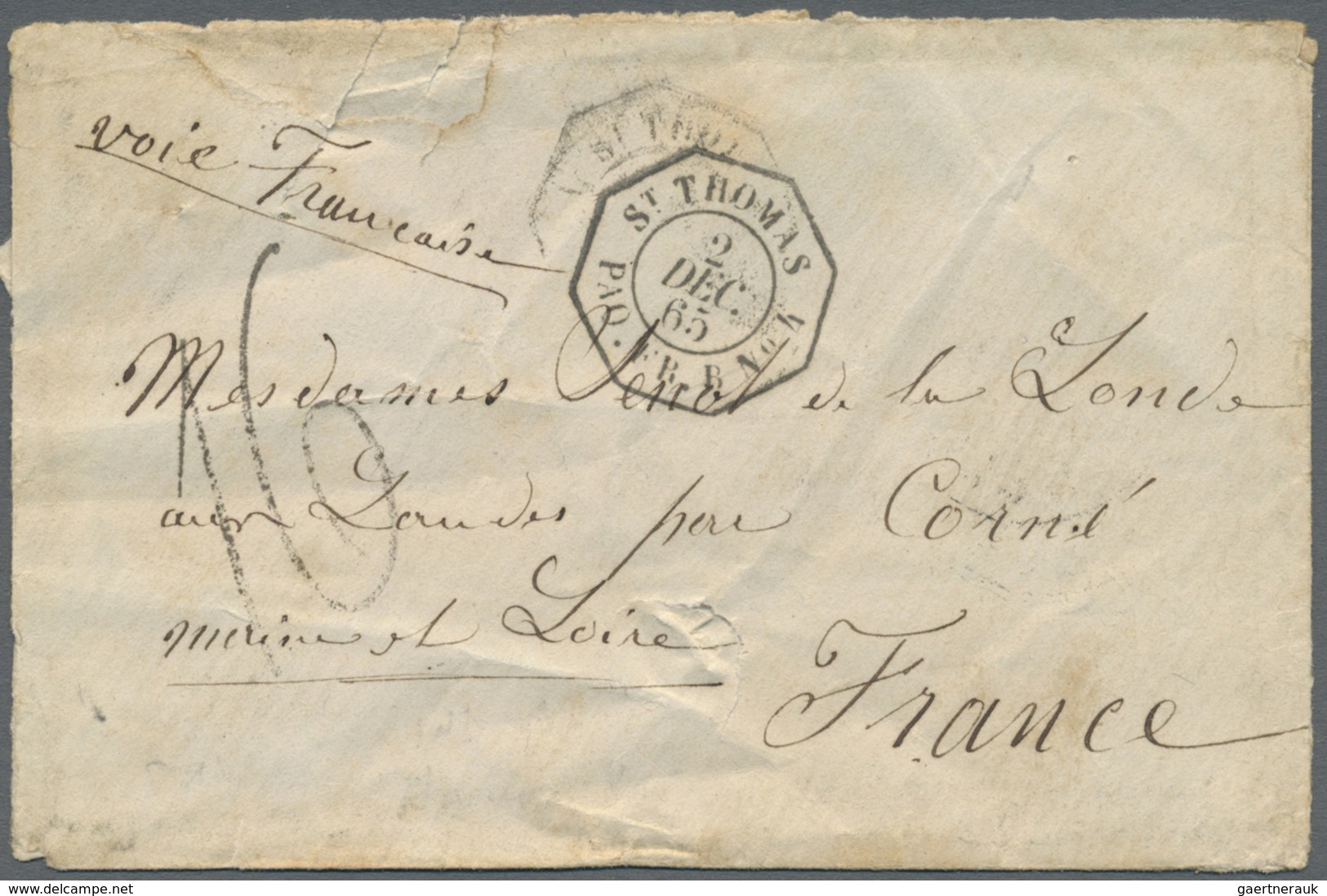 Br Dänisch-Westindien: 1865. Stampless Envelope Addressed To France Cancelled By Octagonal French Paque - Denmark (West Indies)