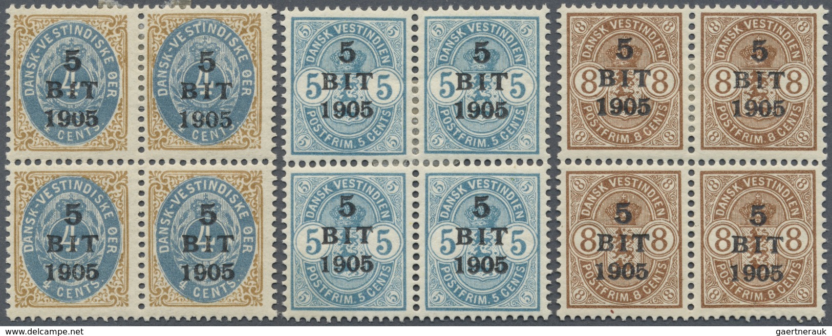 **/* Dänisch-Westindien: 1905, Ovp Stamps In Blocks Of Four, Upper Stamps Lightly Hinged, The Other Two M - Danemark (Antilles)