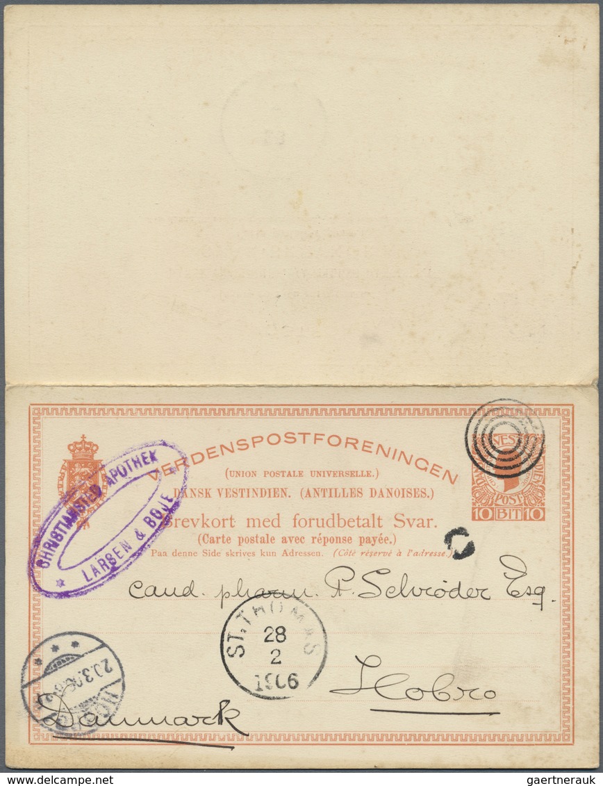 GA Dänisch-Westindien: 1906, Stationery Double Card 10 Bit, Question Card With Mute 4-ring Cancel Sent - Deens West-Indië