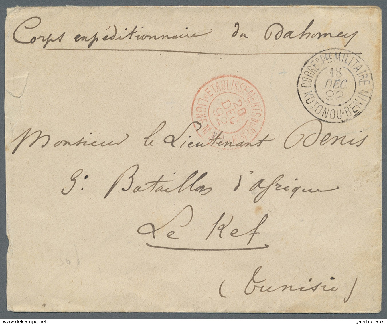 Br Dahomey: 1892. Stampless Envelope (left Side 4 Mm Reduced) Addressed To The '3rd African Battalion, - Andere & Zonder Classificatie