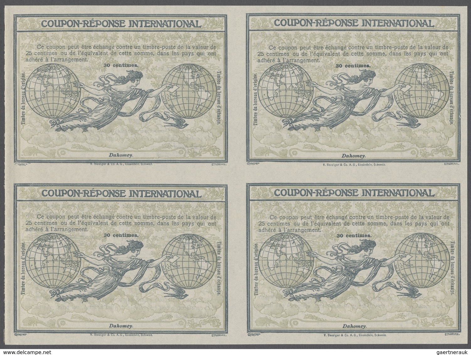 GA Dahomey: Design "Rome" 1906 International Reply Coupon As Block Of Four 30 C. Dahomey. This Block Of - Autres & Non Classés