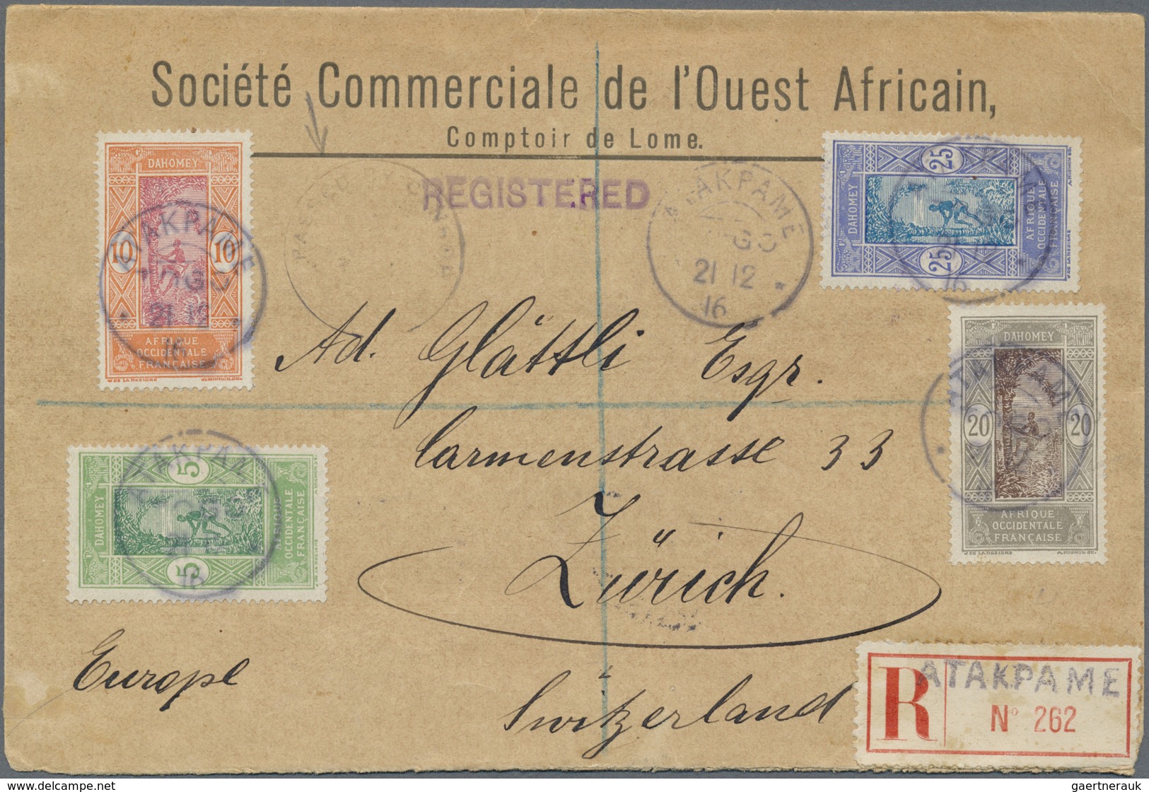 Br Dahomey: 1916, 5 C, 10 C, 20 C And 25 C On Envelope Sent Registered From "ATAKPAME 21.12.16" With Cd - Autres & Non Classés