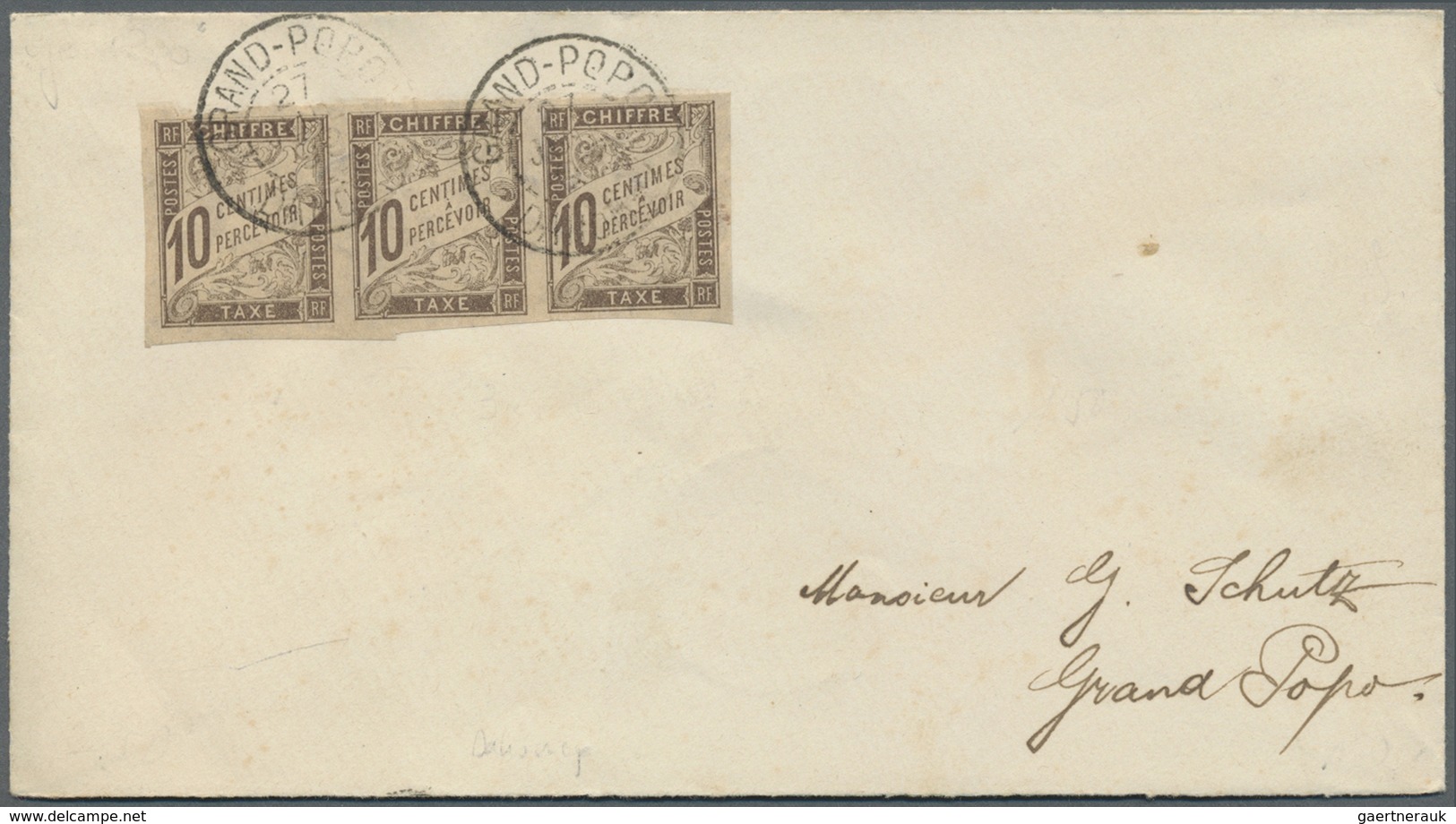 Br Dahomey - Portomarken: 1899, 10c. Brown, Horiz. Strip Of Three On Local Cover "GRAND-POPO DAHOMEY 27 - Andere & Zonder Classificatie