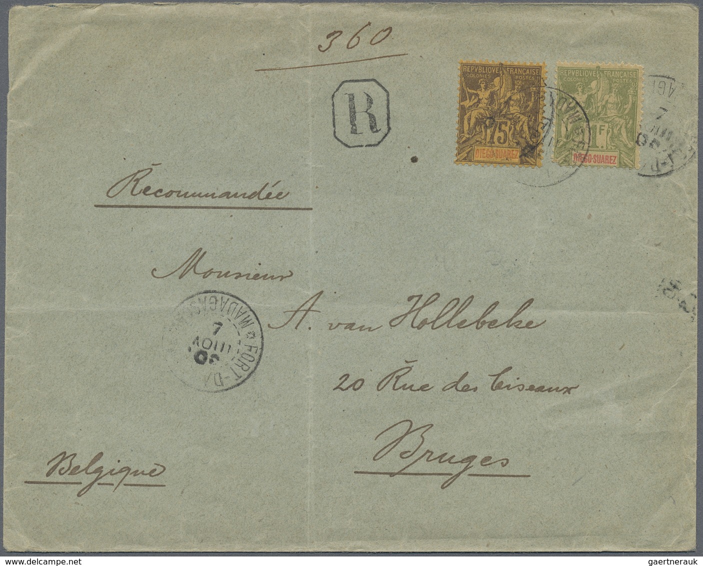 Br Diego Suarez: 1900. Registered Envelope To Belgium Bearing Diego-Suarez Yvert 49, 75c Violet/yellow - Autres & Non Classés