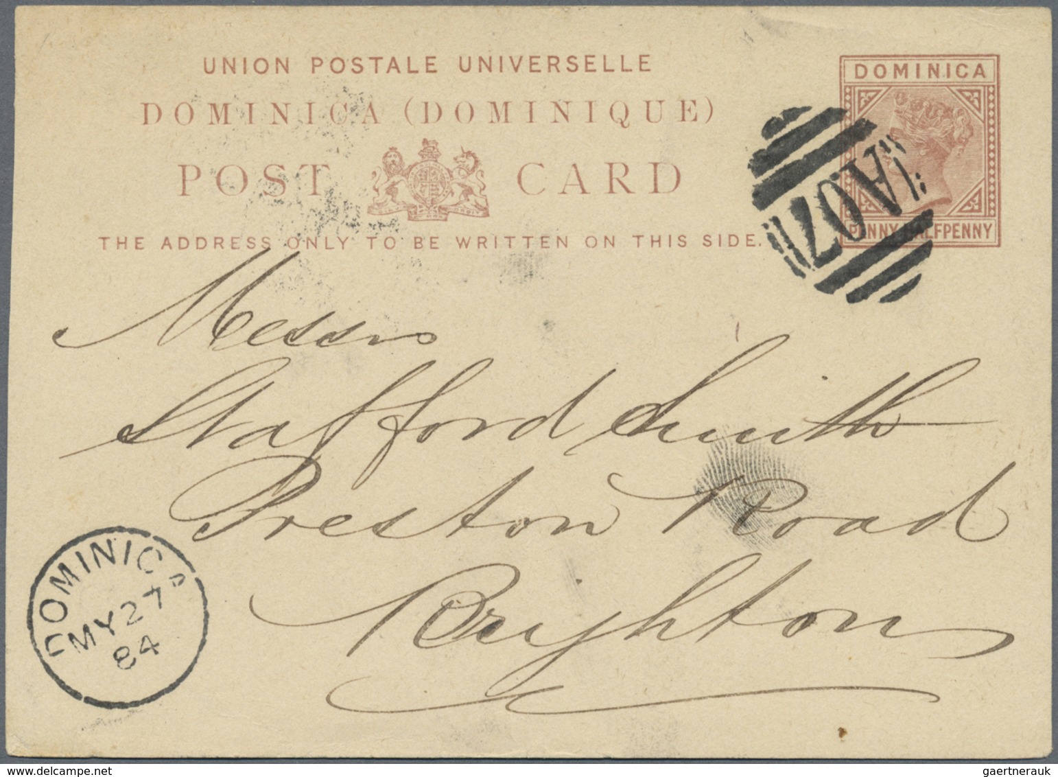 GA Dominica - Ganzsachen: 1879, 1 1/2 D Red-brown QV Postal Stationery Card, Sent With Bar Cancellation - Dominique (1978-...)