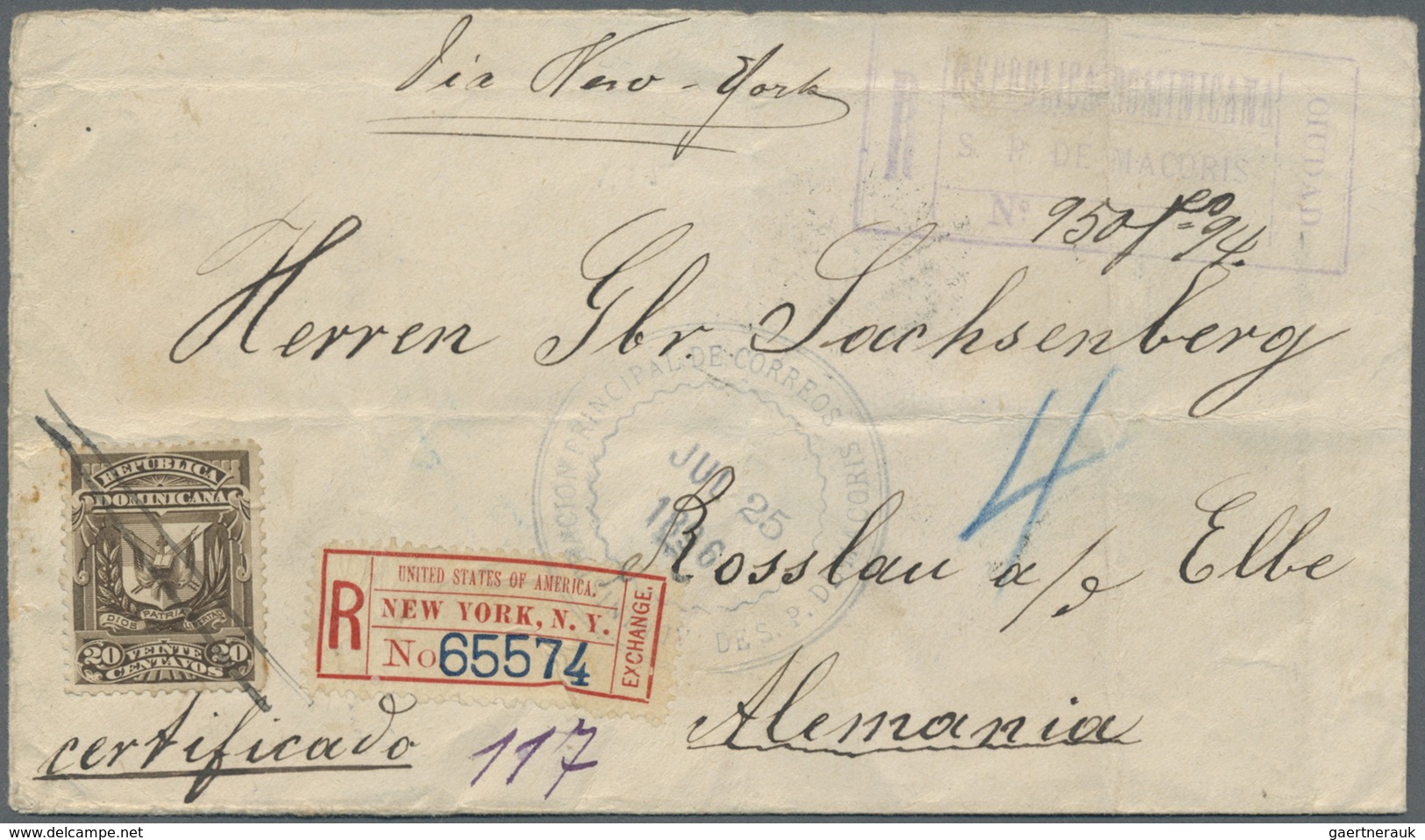 Br Dominikanische Republik: 1896, Freimarke 20 C Auf Brief Mit Reco-Stempel Von San Pedro De Macocris N - Dominicaanse Republiek
