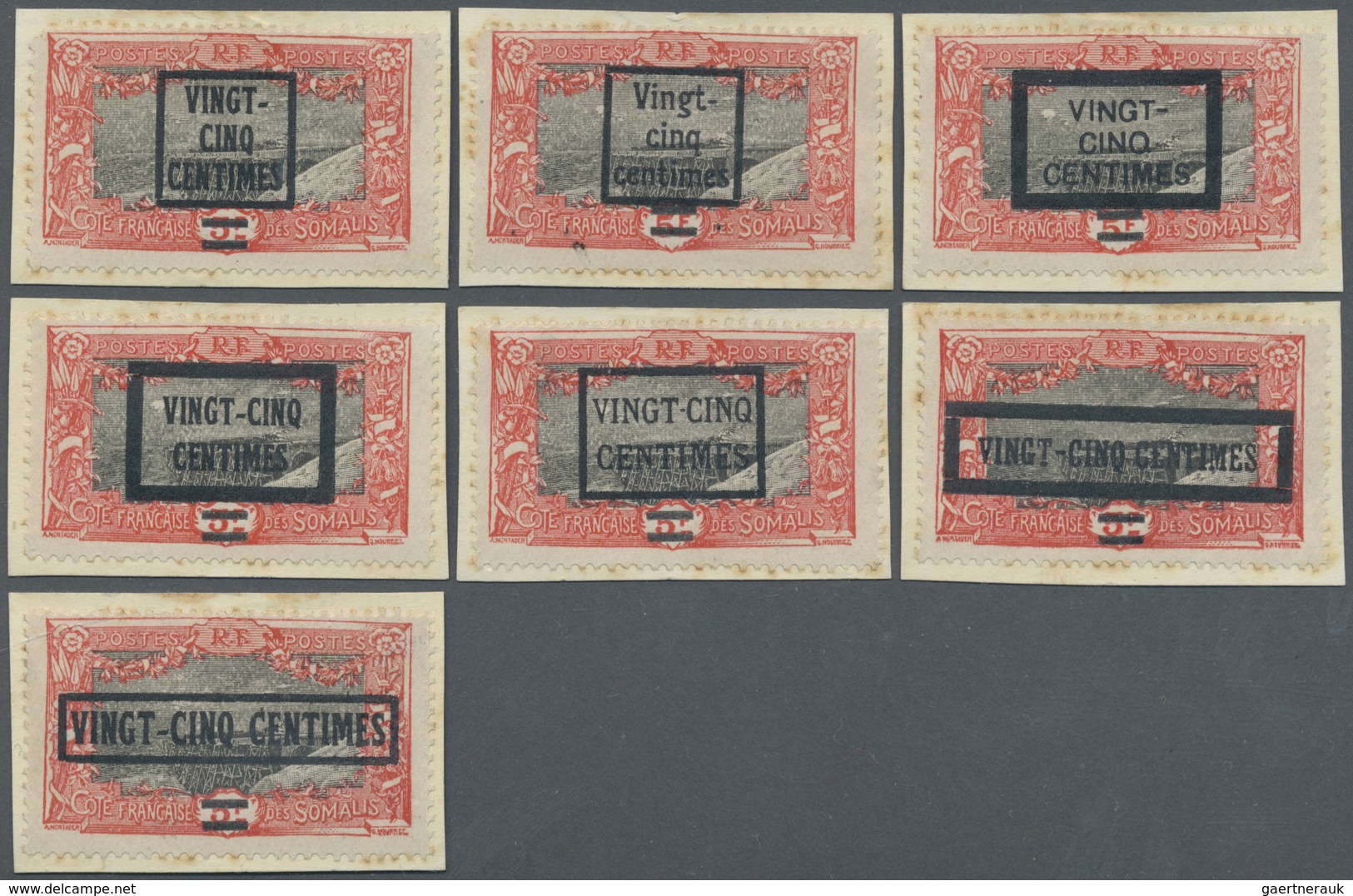 Brfst Dschibuti: 1924, VINGT-CINQ-CENTIMES On 5 F. Red/black With Overprint, Seven Different Overprint Typ - Djibouti (1977-...)