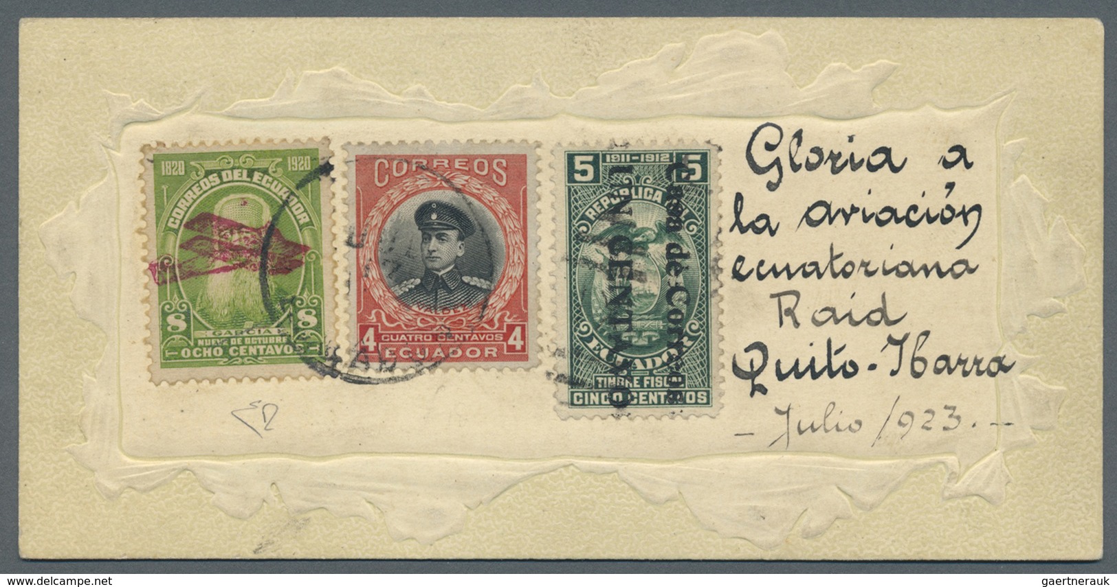 Br Ecuador: 1923, Baltazar Garcia 8 C. Yellow-green With Surcharge „red Plane” And Additonal Franking T - Equateur