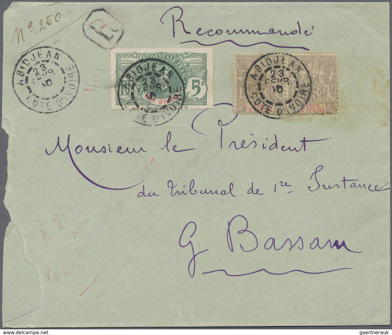 Br Elfenbeinküste: 1910. Roughly Opend Registered Envelope (faults) Addressed To Graud Bassam, Cote D'l - Lettres & Documents