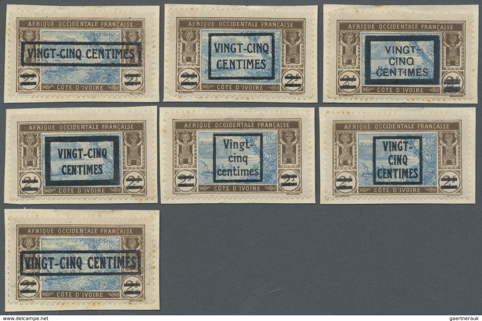 Brfst Elfenbeinküste: 1922, VINGT-CINQ-CENTIMES On 2 F. Brown/blue With Overprint, Seven Different Value O - Lettres & Documents