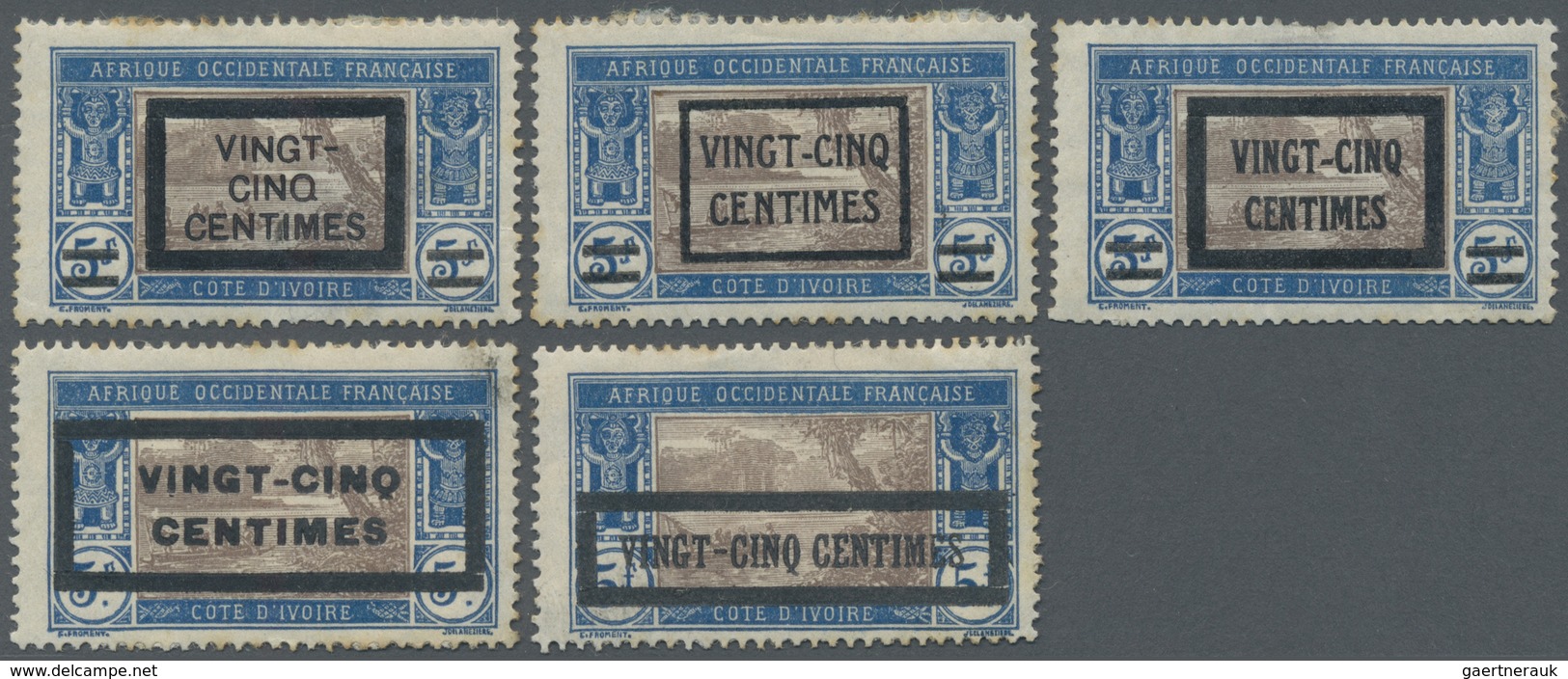 Brfst/* Elfenbeinküste: 1922, VINGT-CINQ-CENTIMES On 5 F. Blue/brown With Overprint, Seven Different Value O - Covers & Documents