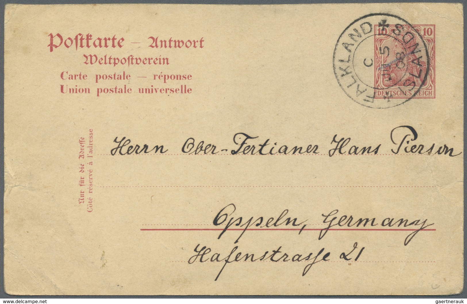 GA Falklandinseln: 1908: 10 Pfg Red German Postal Stationary, Reply Part,  From The Falklands Islands T - Falkland