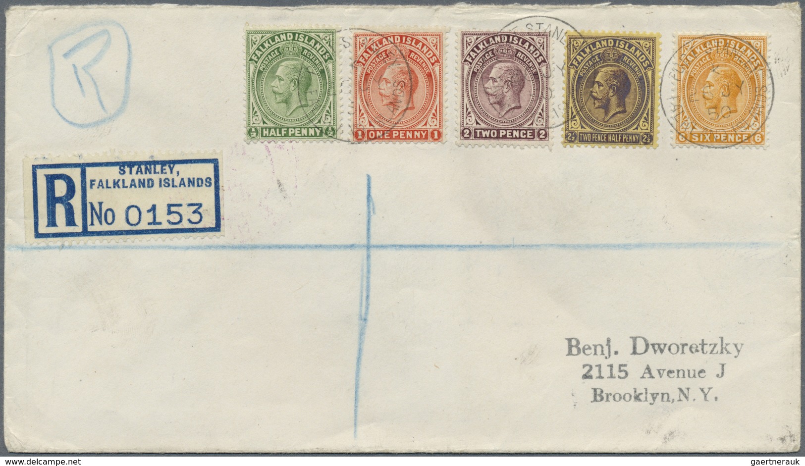 Br Falklandinseln: 1924/25, Five KGV Values On Registered Cover From "PORT STANLEY 26 JY 50" To New Yor - Falklandeilanden