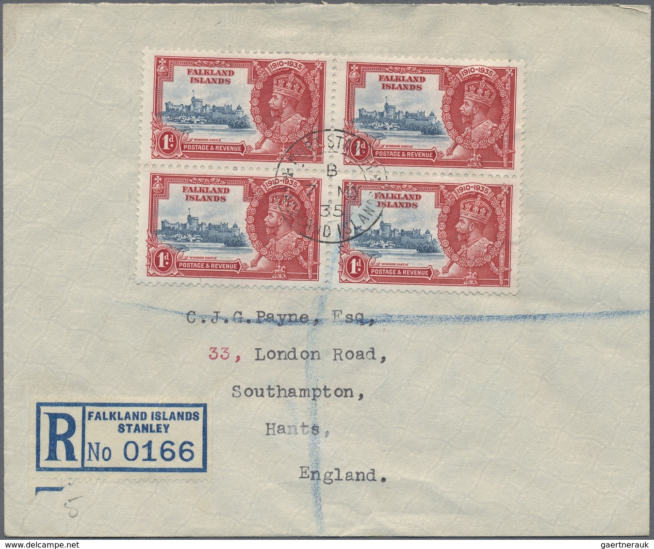 Br Falklandinseln: 1935, 1 D Coronation Jubilee Of Georg V In Block Of Four On Registered Letter Sent F - Falkland