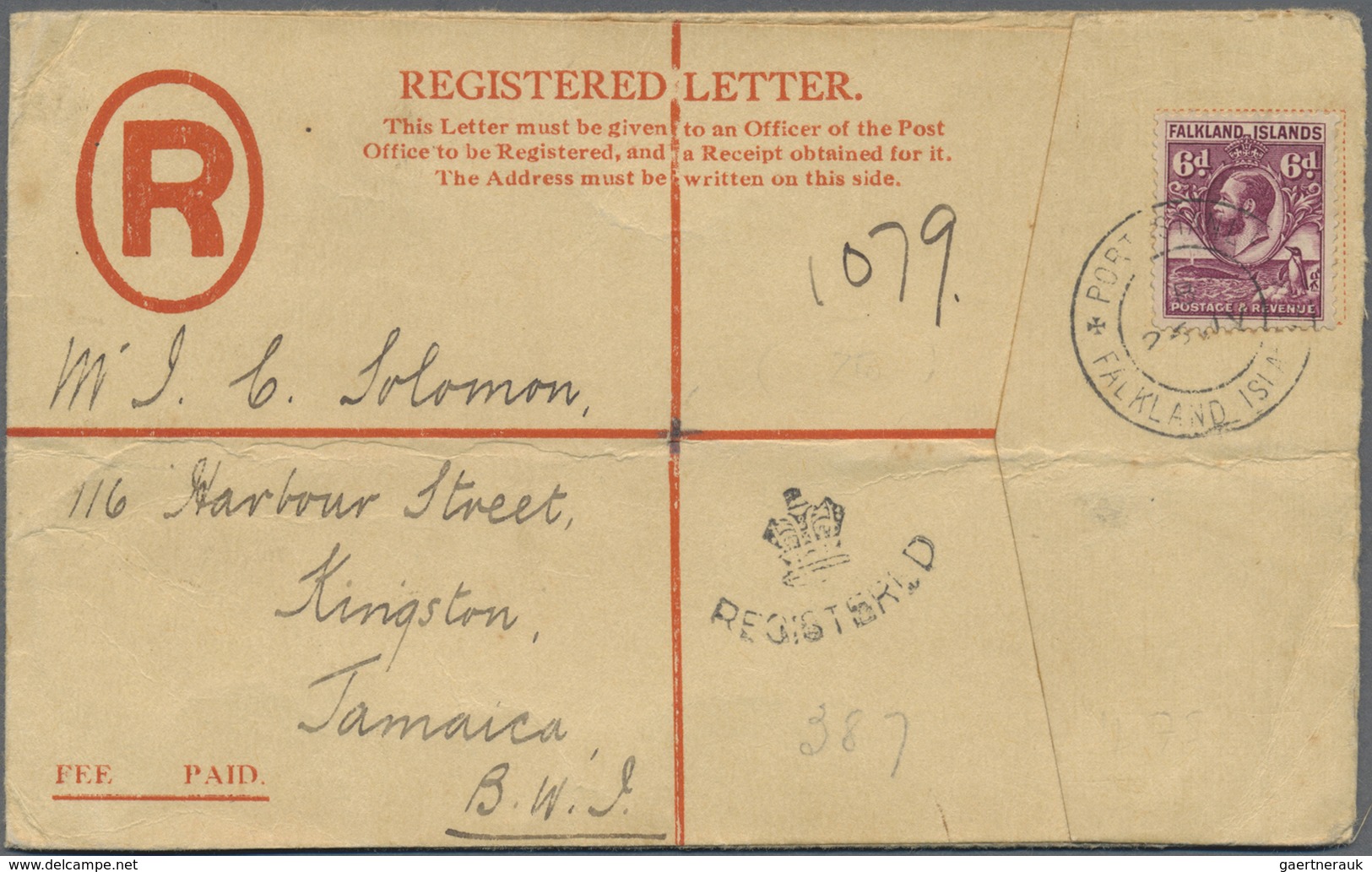 Br Falklandinseln: 1937. Registered Letter Envelope Bearing SG 121, 6d Purple Tied By Port Stanley/Falk - Falklandeilanden