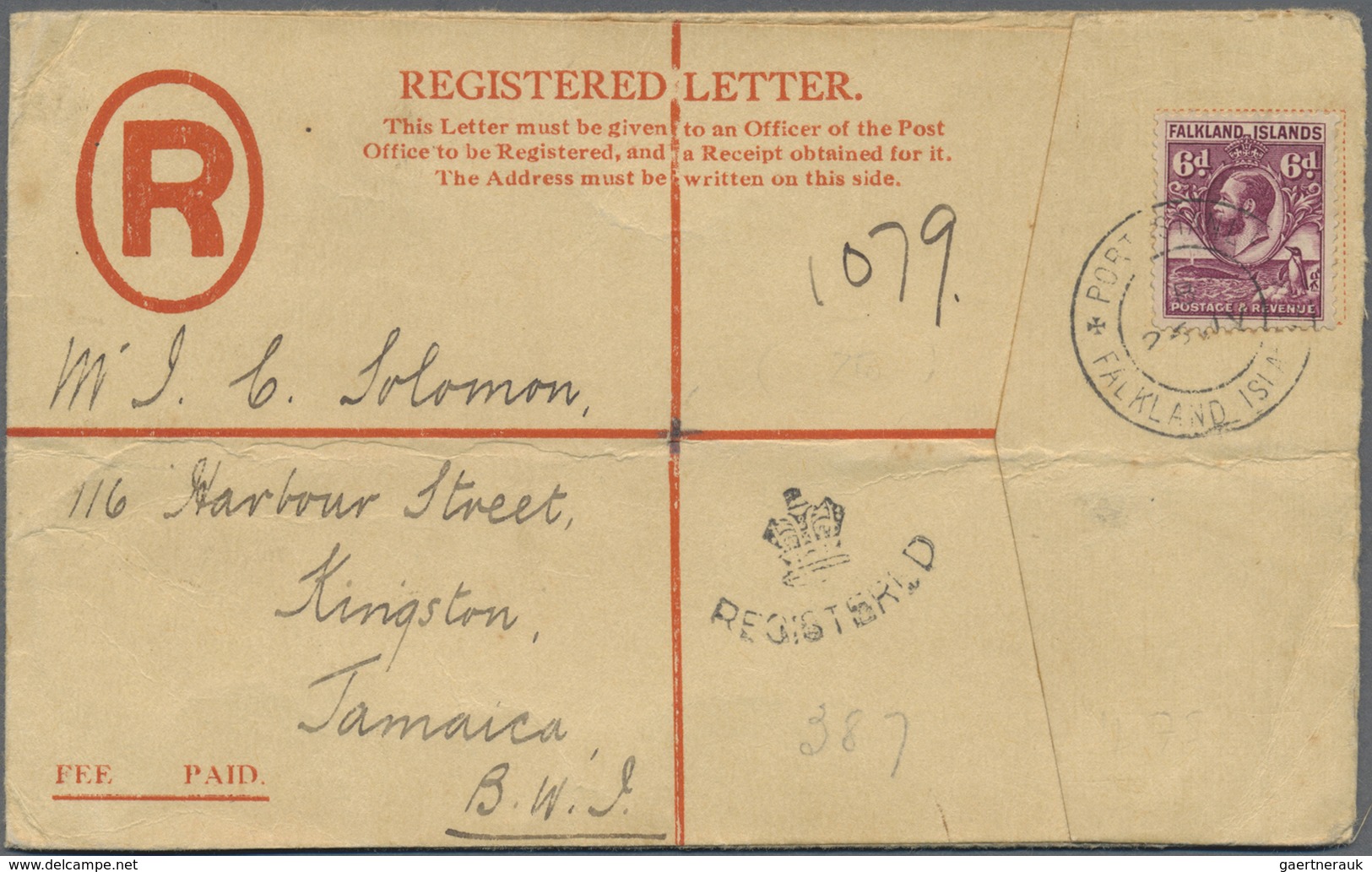 Br Falklandinseln: 1937. Registered Letter Envelope Bearing SG 121, 6d Purple Tied By Port Stanley/Falk - Falkland