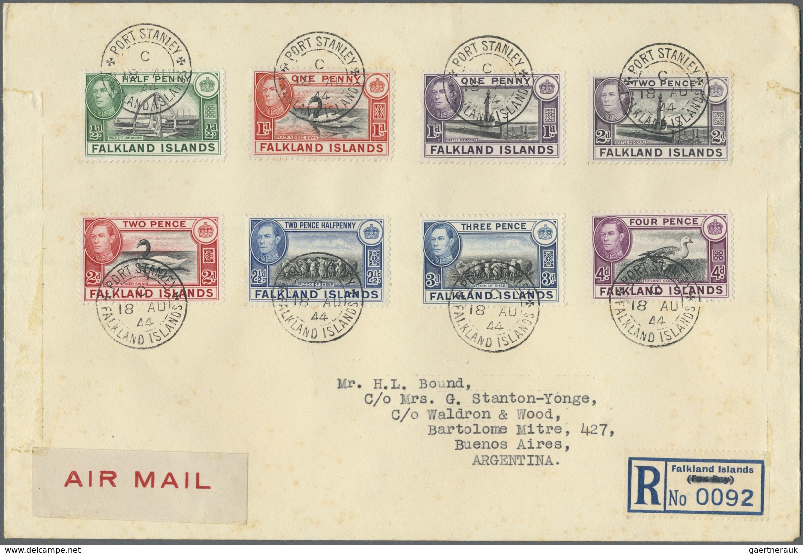 Br Falklandinseln: 1944, Definitives From 1/2 To 4 D Or Registered Cover To Argentina. The Post Office - Falkland