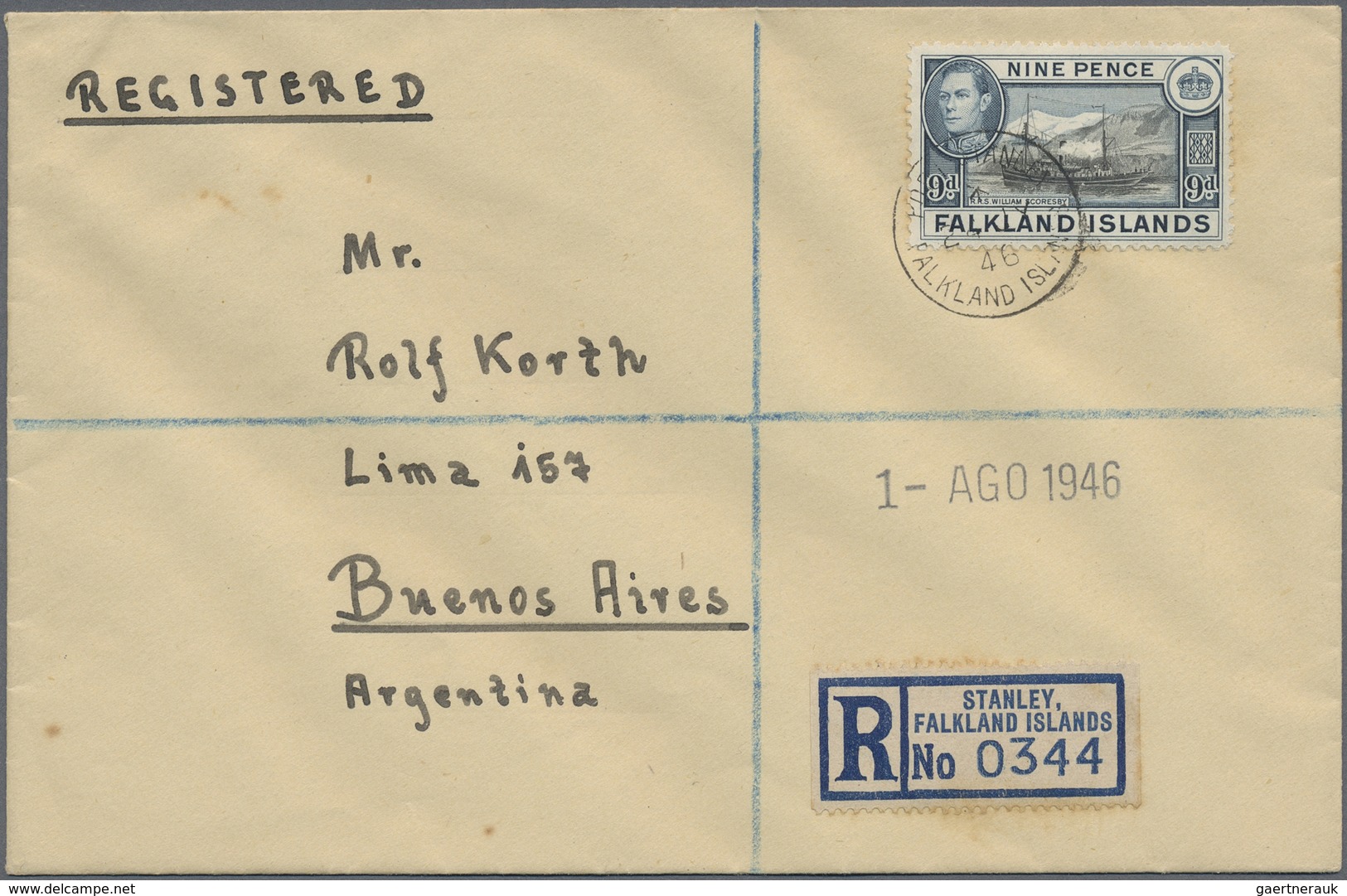 Br Falklandinseln: 1946, Registered Letter To Buenos Aires, Argentina Franked With 9 D Georg Vi Definit - Falklandeilanden