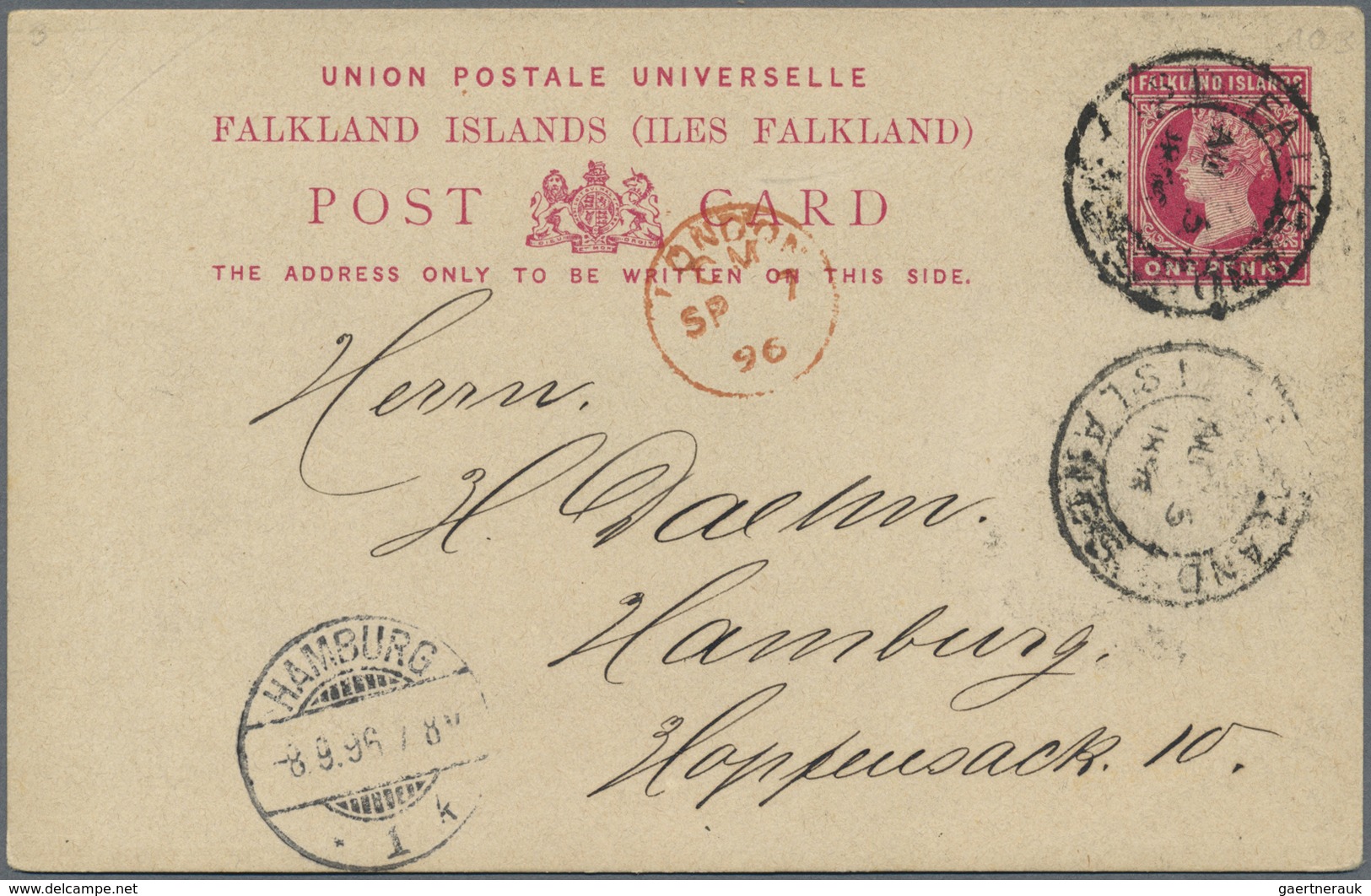 GA Falklandinseln - Ganzsachen: 1892, 1 D Carmine QV Psc Sent C.t.o From FALKLAND ISLANDS, 5.AU 96, Via - Falklandeilanden