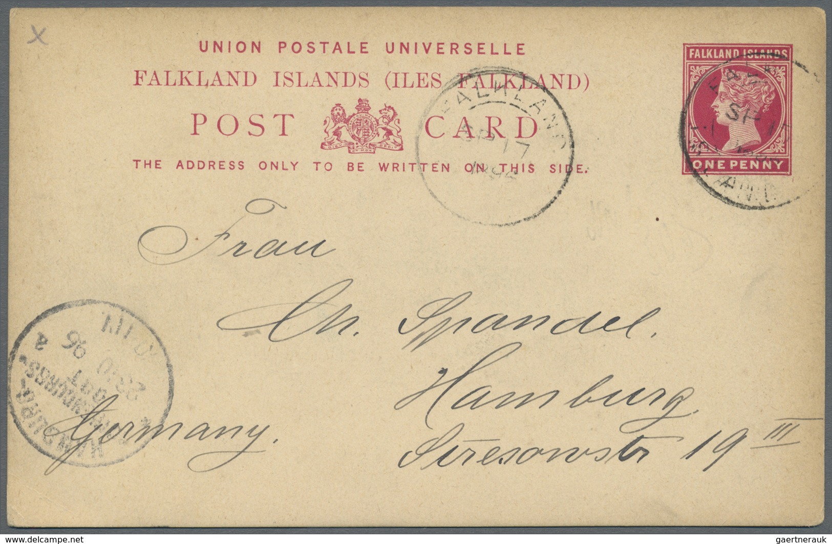 GA Falklandinseln - Ganzsachen: 1896 Privately Used Postal Stationery Card 1d. To Mrs Spandel In Hambur - Falklandeilanden