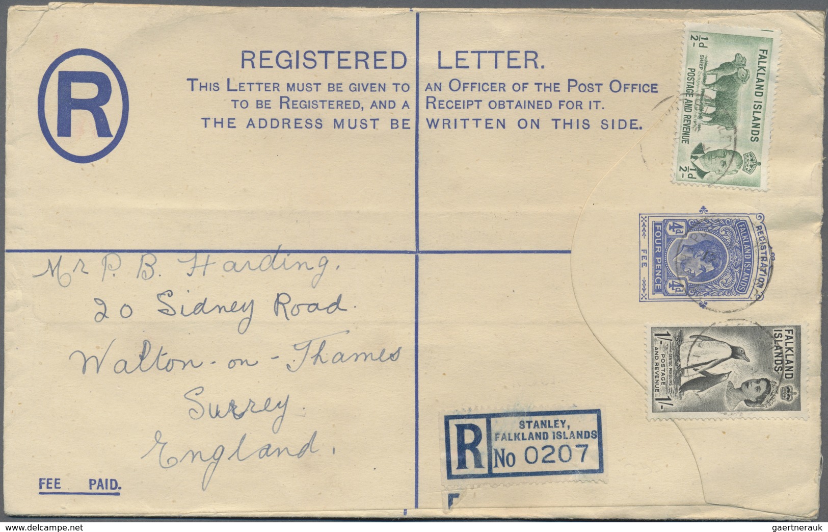 GA Falklandinseln - Ganzsachen: 1955 (ca.). Registered KGVI Postal Stationery Envelope 4d Blue Upgraded - Falklandeilanden