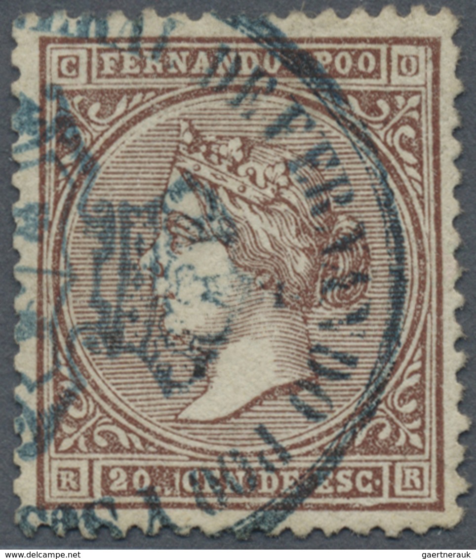 O Fernando Poo: 1868, 20c. Brown, Fresh Colour, Well Perforated, Neatly Oblit. By Blue Postmark, Signe - Fernando Po