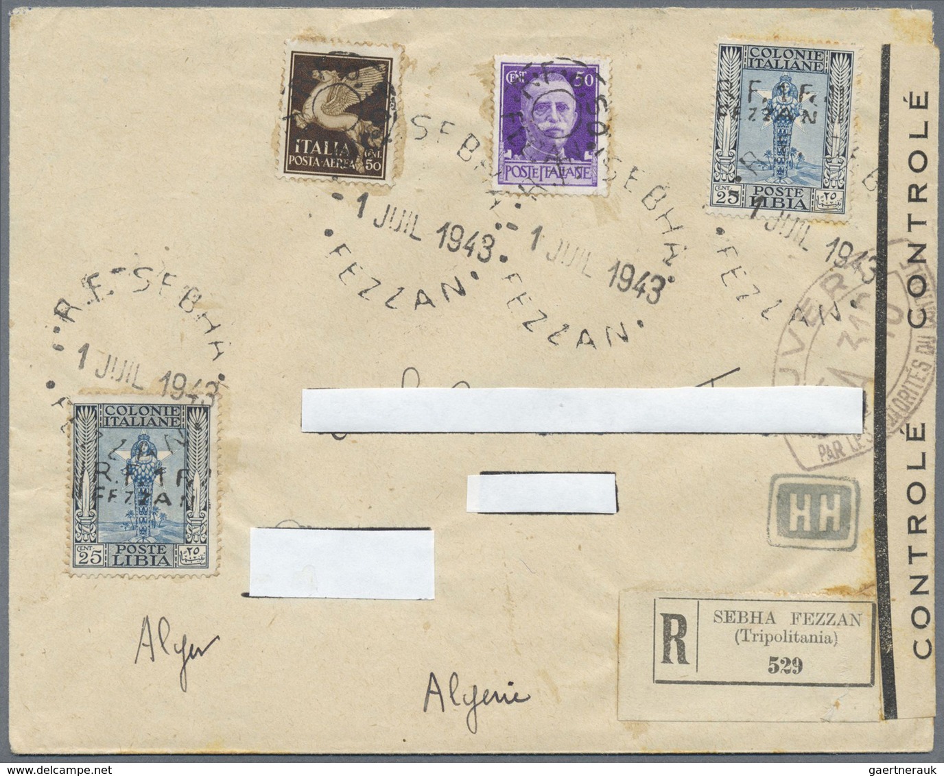 Br Fezzan: 1943, 50 C. Violett And Airmail 50 C. Brown Both With „R.F.0,50 FEZZAN” Double Circle Imprin - Lettres & Documents