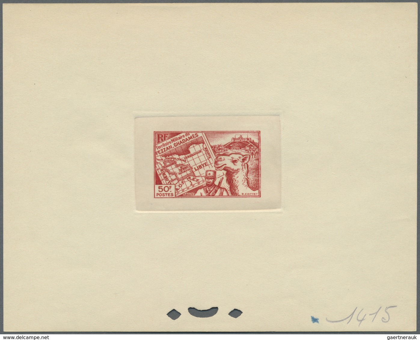 (*) Fezzan: 1946, 50fr. Map/Camel Horseman, Four Epreuve In Bue, Orange-red, Dark Green And Purple. Maur - Lettres & Documents