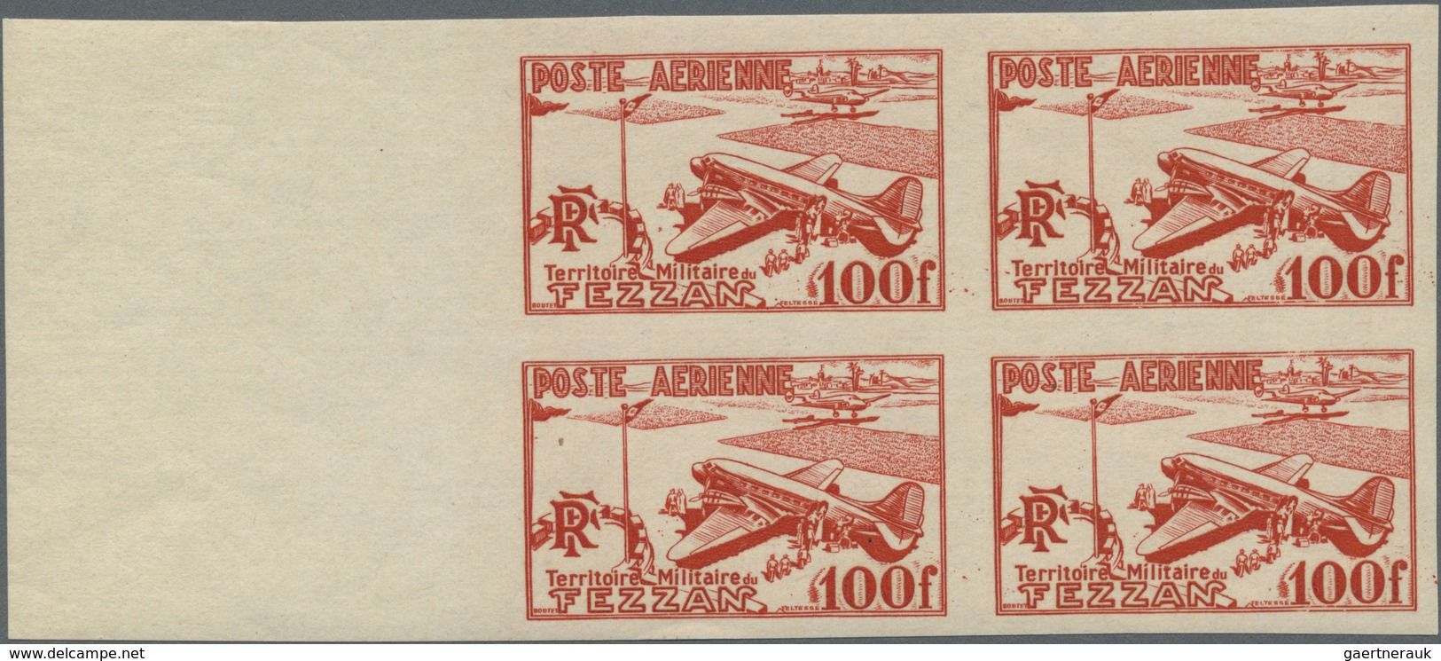 ** Fezzan: 1948, Imperf Air Mail Set Of Two Values In Margin Blocks Of Four, Mint Never Hinged, Fine An - Brieven En Documenten