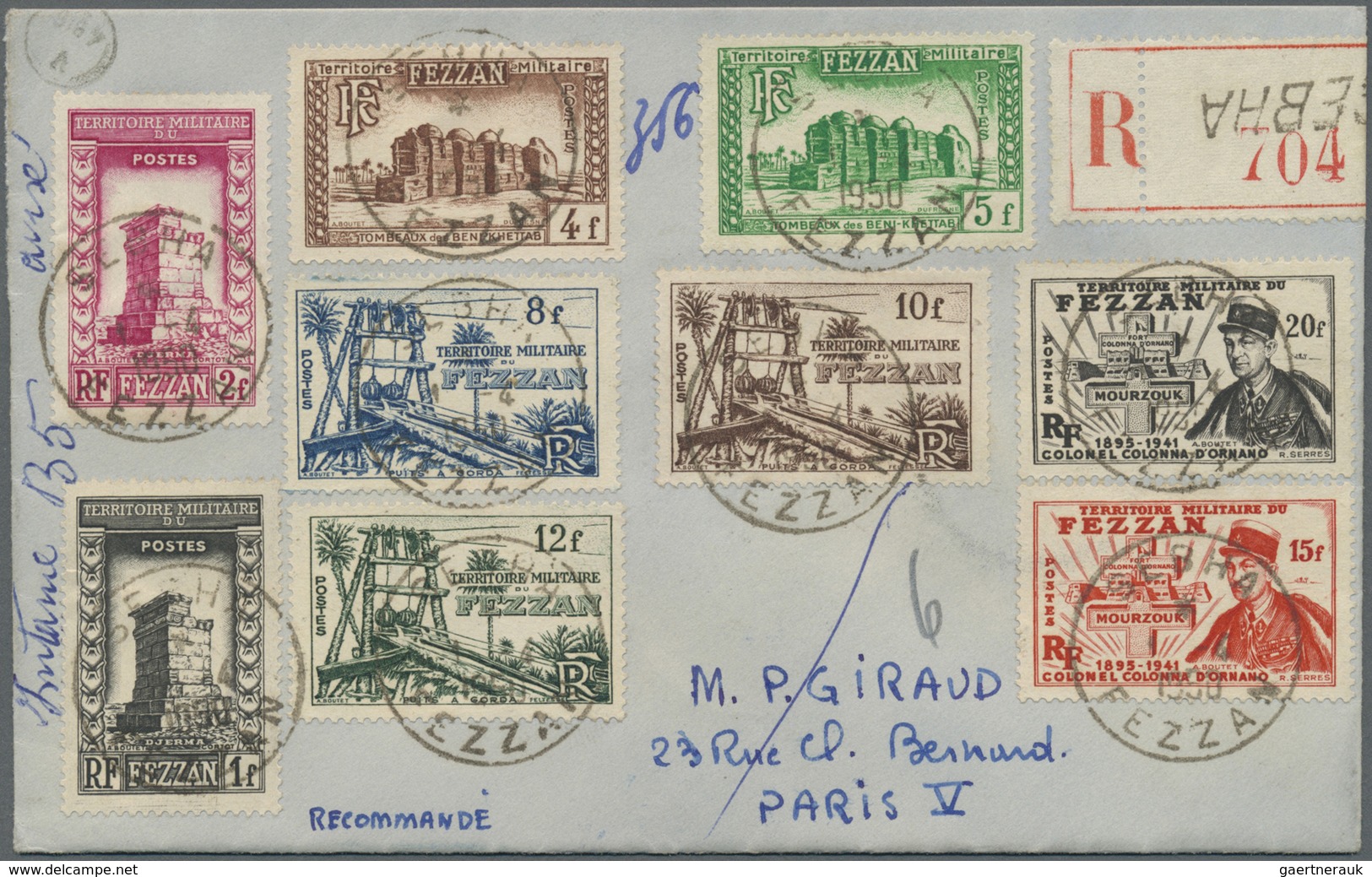 Br Fezzan: 1949, Definitives Pictorials/Officers, 1fr. To 50fr., Complete Set Of Eleven Values On Two R - Lettres & Documents