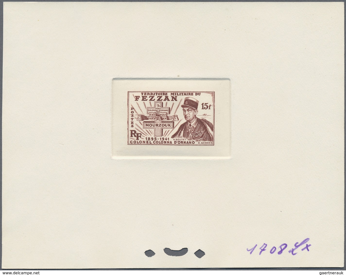 (*) Fezzan: 1949, 15fr. Colonel d'Ornano, four epreuve in brownish black, violet, yellow-brown and brigh