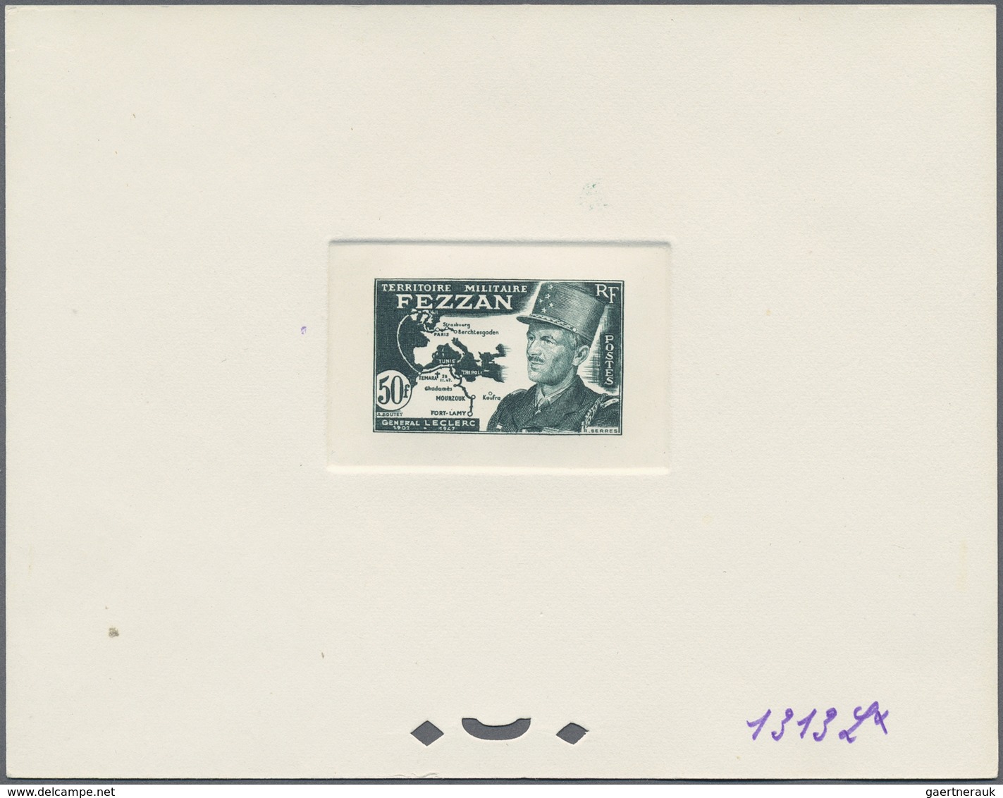 (*) Fezzan: 1949, 50fr. General Leclerc, Four Epreuve In Dark Bluish Green, Bright Orange-red, Violet-br - Lettres & Documents