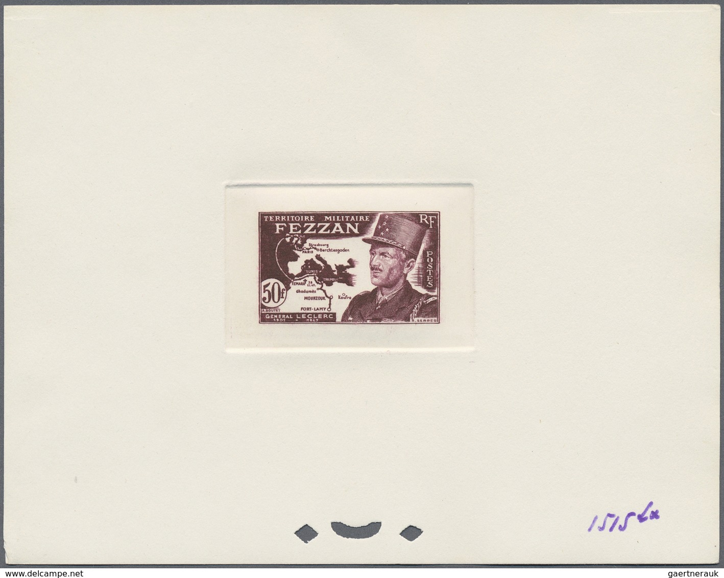 (*) Fezzan: 1949, 50fr. General Leclerc, four epreuve in dark bluish green, bright orange-red, violet-br