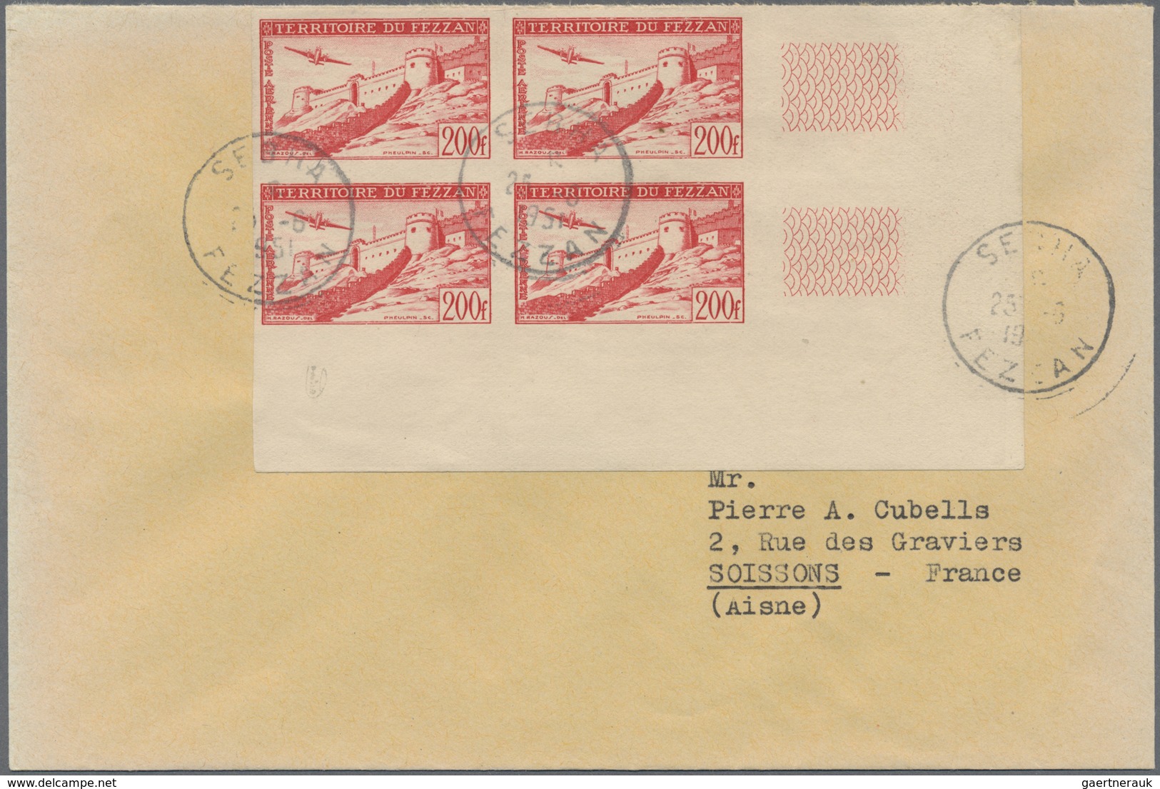 Br Fezzan: 1951, Airmails, 100fr. And 200fr. Without Perfin Each As Bloc Of 4 On Lettre. Rare - Brieven En Documenten