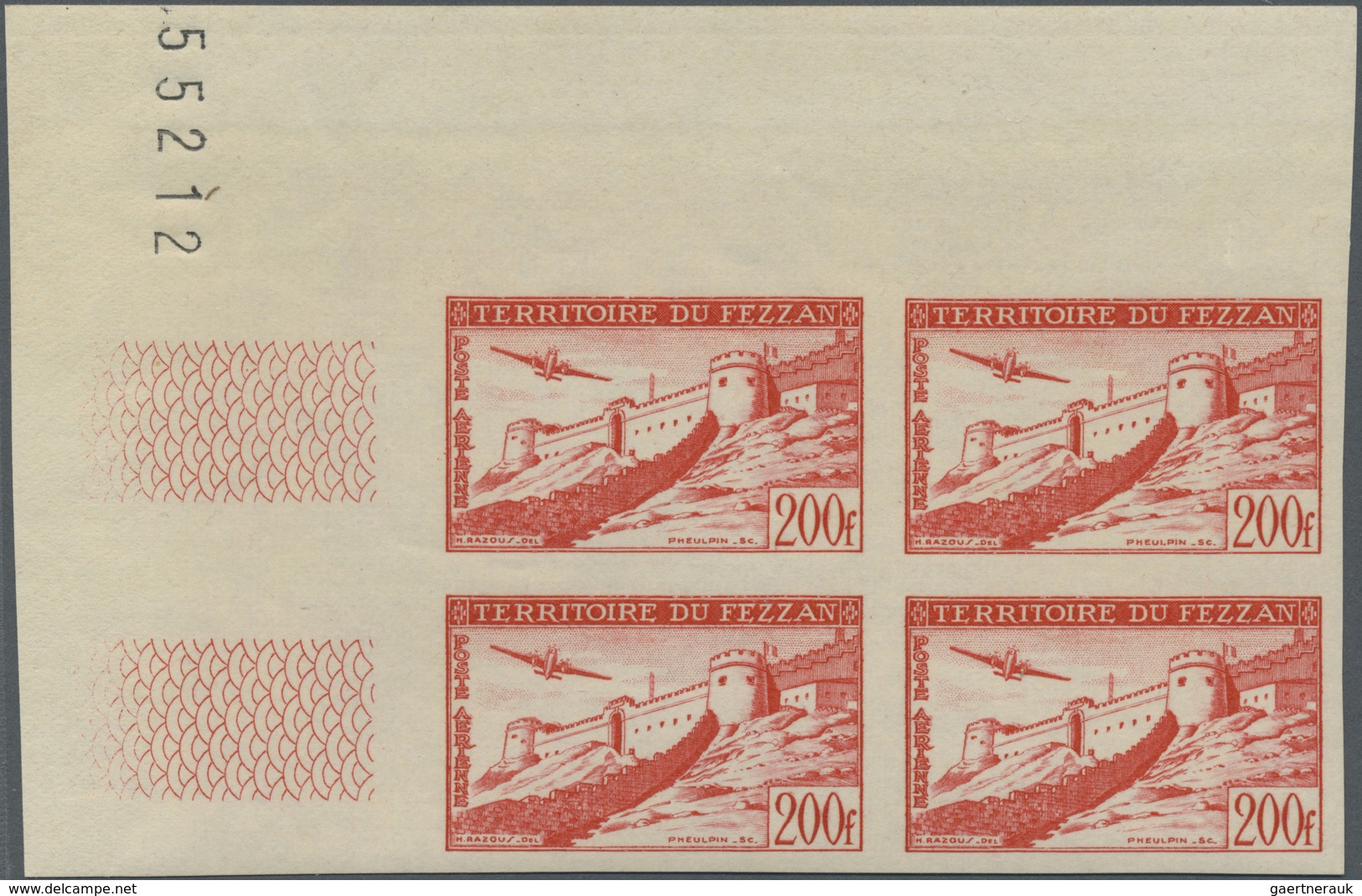 ** Fezzan: 1951, Imperf Air Mail Set Of Two Values In Corner Margin Blocks Of Four With Imprint, Mint N - Lettres & Documents