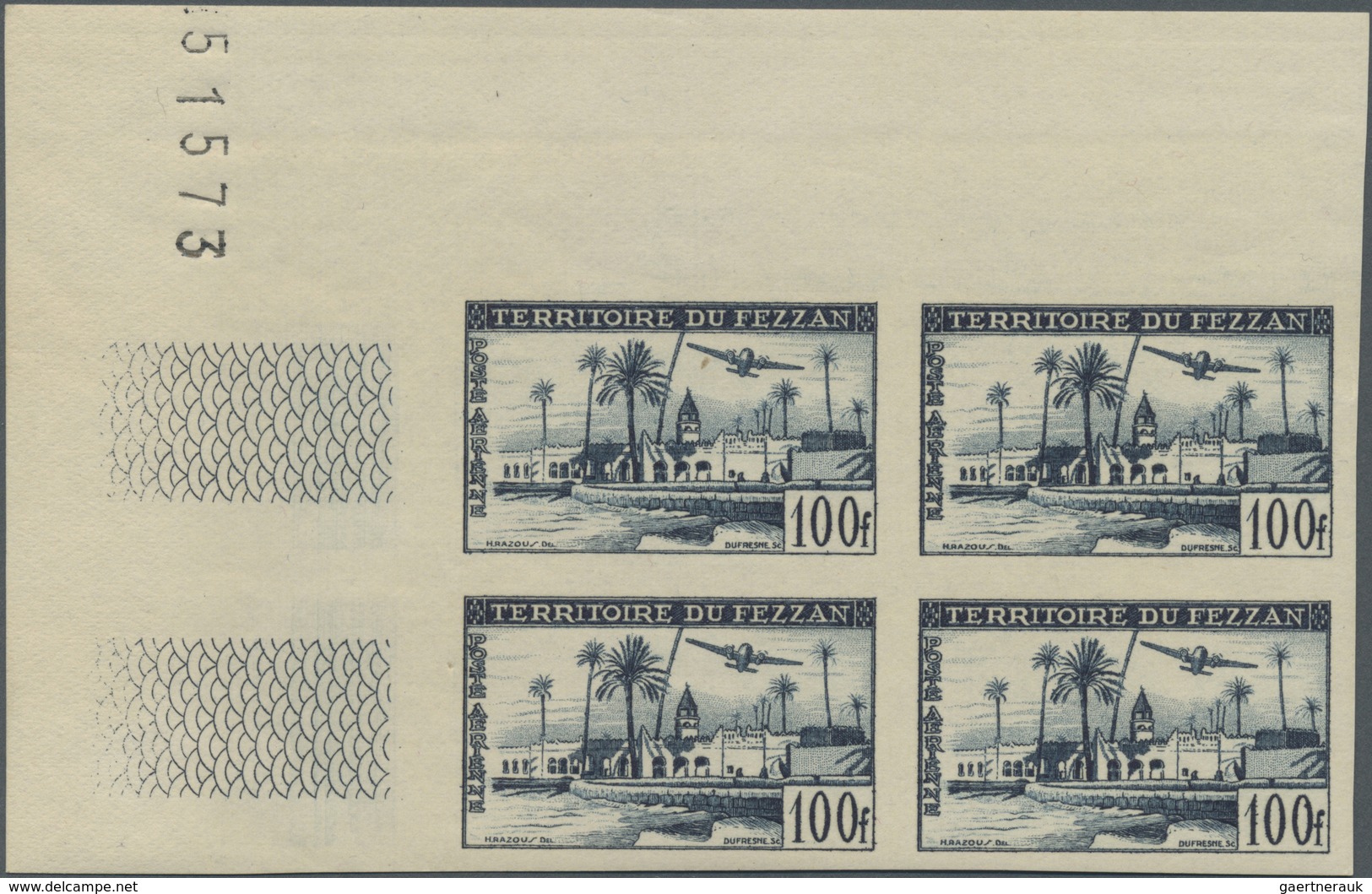 ** Fezzan: 1951, Imperf Air Mail Set Of Two Values In Corner Margin Blocks Of Four With Imprint, Mint N - Brieven En Documenten