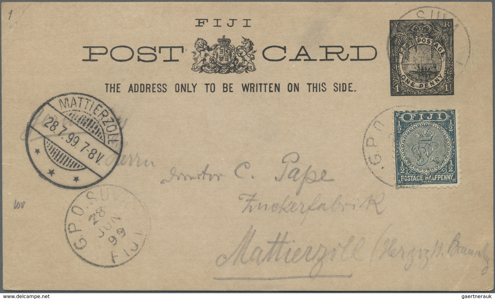 GA Fiji-Inseln: 1895/1905, Four Different Stat. Postcards Incl. One Prov. Surcharged Issue With Three U - Fidschi-Inseln (...-1970)