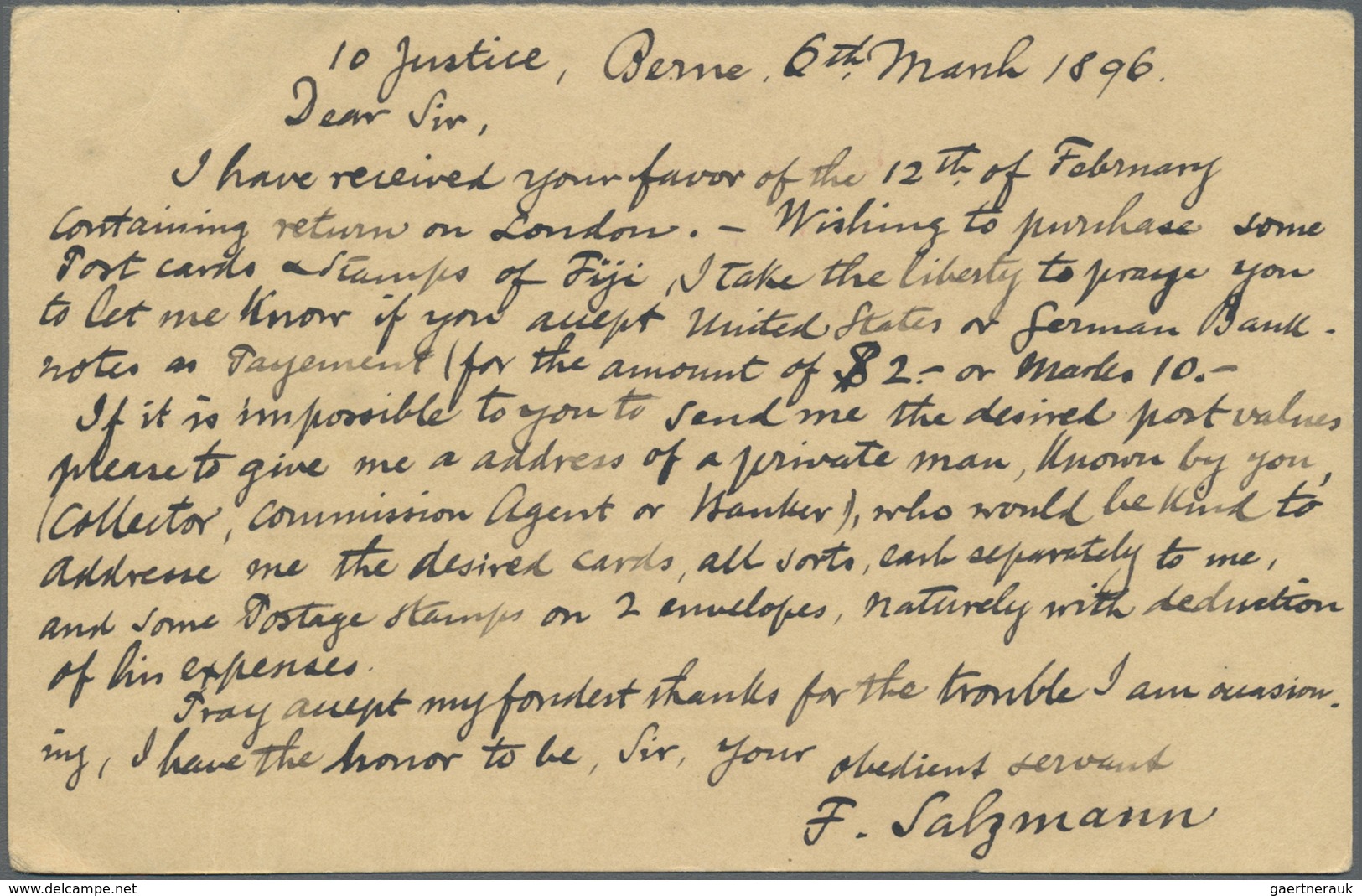 GA Fiji-Inseln: 1896. 10 Rp Ganzsachenpostkarte (Frageteil) Aufgegeben In BERN 6.IV.(18)96 Nach SUVA 1 - Fiji (...-1970)