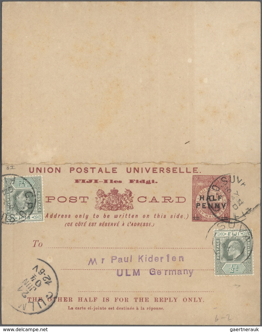 GA Fiji-Inseln: 1897/1928, seven different stat. postcards incl. two uprated prov. surcharged issues (o