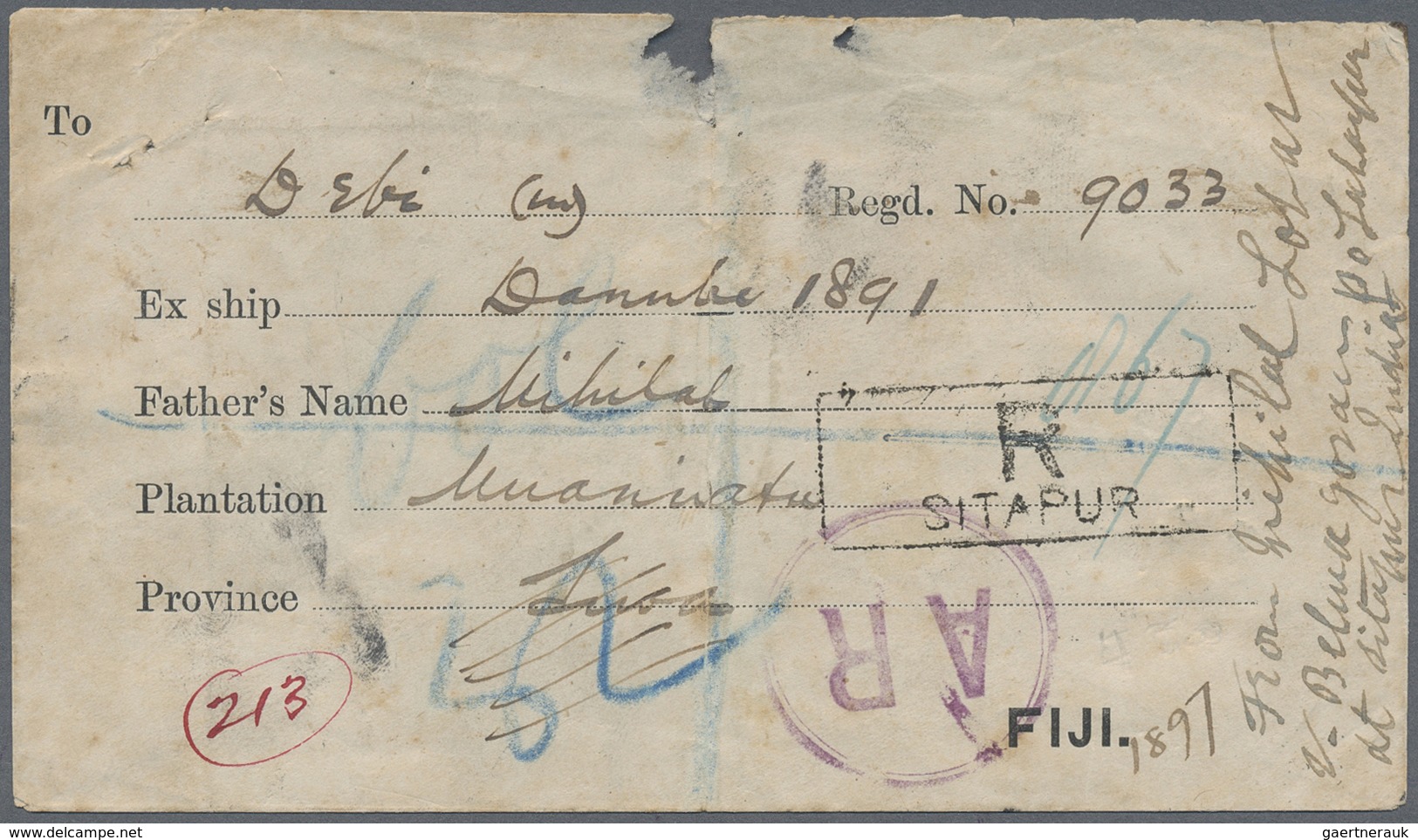 Br Fiji-Inseln: 1900. Registered And Advice Of Receipt Printed Envelope (faults) Addressed To Fiji Bear - Fidschi-Inseln (...-1970)