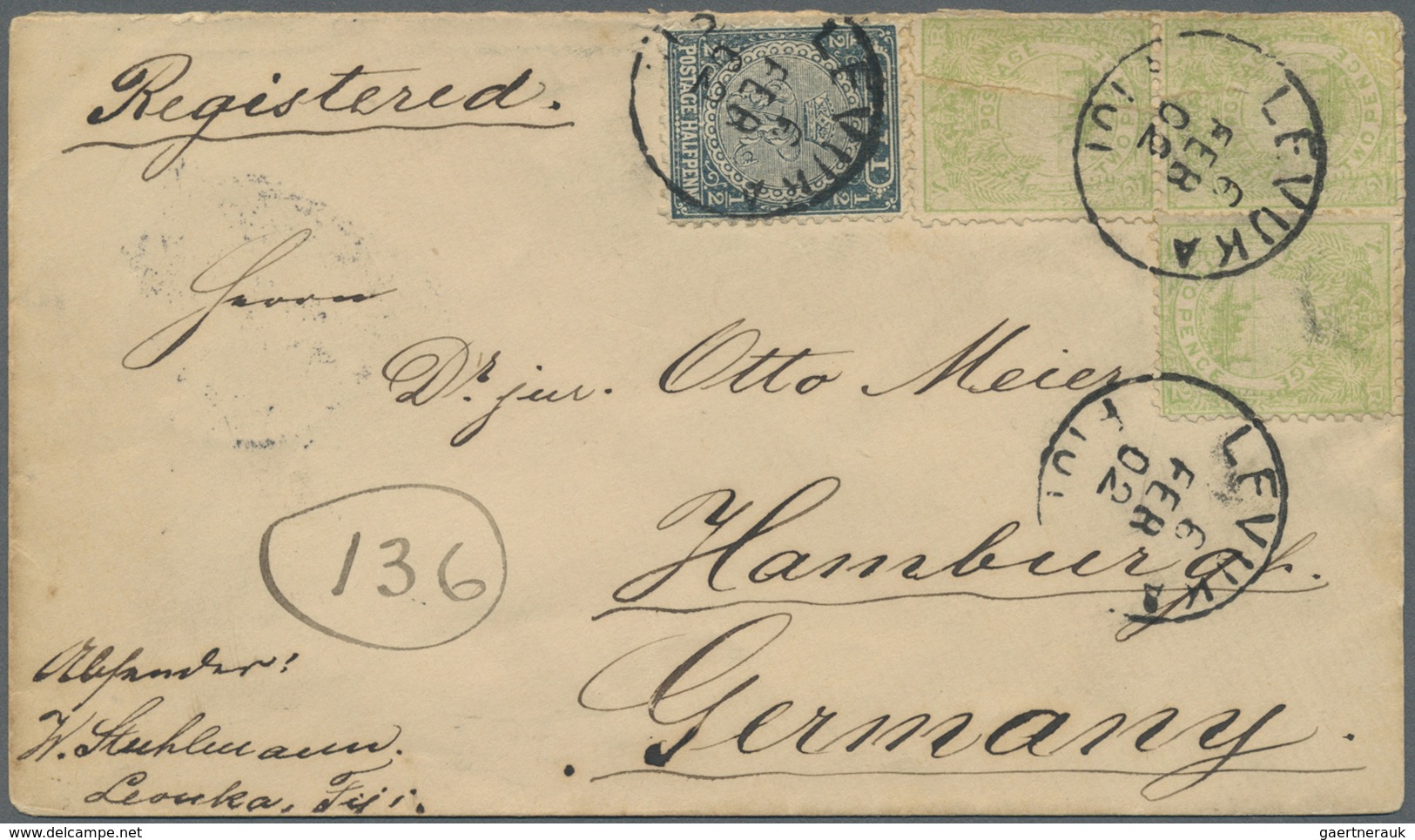 Br Fiji-Inseln: 1902. Registered Envelope (back Toned) Addressed To Germany Bearing SG 78, 2d Pale Gree - Fiji (...-1970)