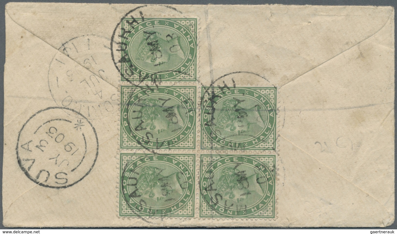 Br Fiji-Inseln: 1903. Registered Postat Stationery Envelope 'half Anna' Green Upgraded With India SG 85 - Fiji (...-1970)